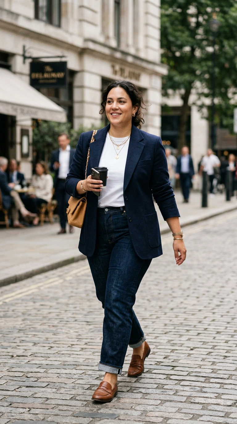 Photorealistic luxury editorial fashion street style of a plus-size woman in a timeless ensemble of a navy blazer, white tee, and dark jeans with gold jewelry, shot on 35mm lens, highly detailed, ultra-realistic, soft natural lighting, editorial aesthetic, no text --ar 9:16