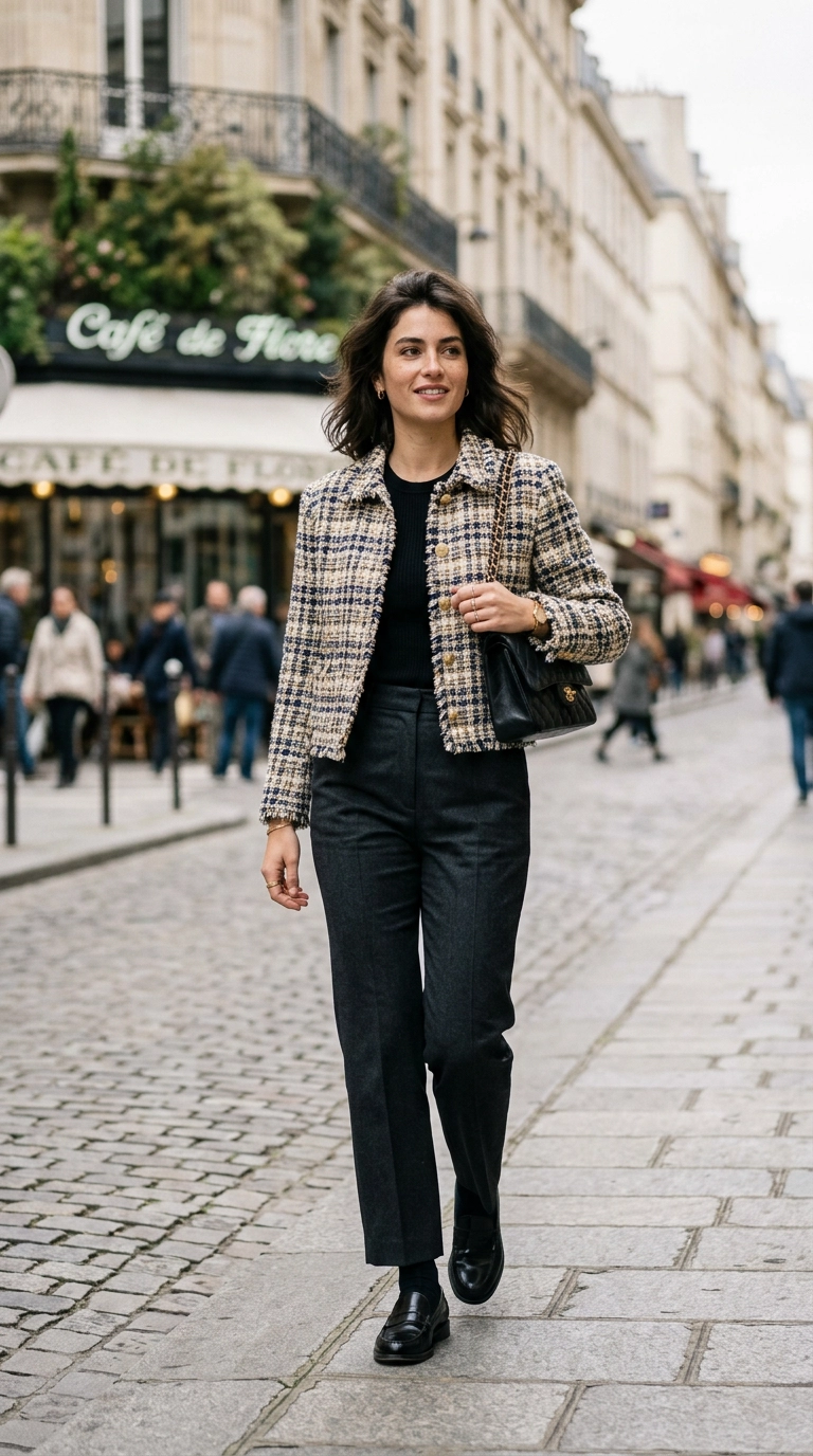 A chic woman wearing a cropped boxy tweed jacket with high-waisted tailored trousers, photorealistic luxury editorial fashion street style, shot on 35mm lens, highly detailed, ultra-realistic, soft natural lighting, editorial aesthetic, no text, --ar 9:16