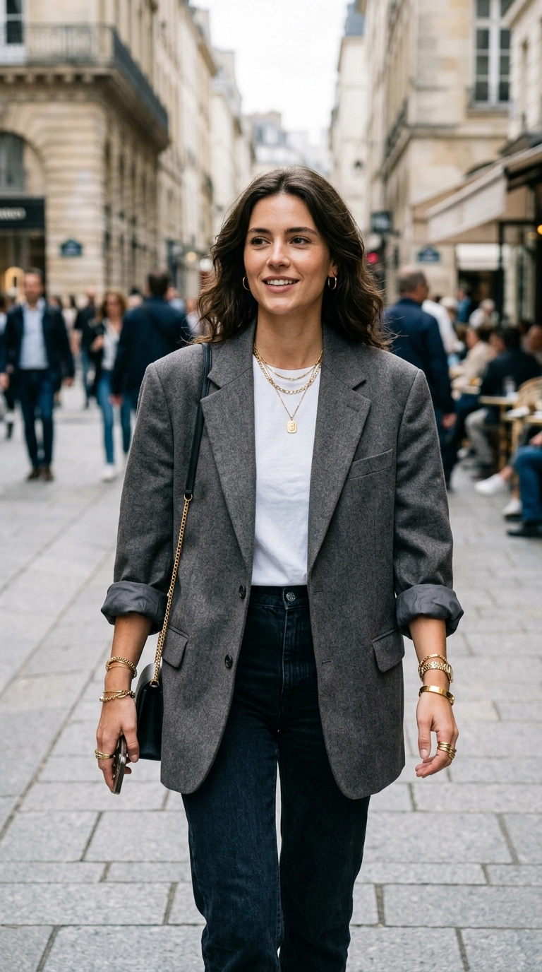 A close-up street style shot of a woman wearing an oversized blazer with sleeves rolled up to reveal her forearms and gold jewelry, photorealistic luxury editorial fashion street style, shot on 35mm lens, highly detailed, ultra-realistic, soft natural lighting, editorial aesthetic, no text, --ar 9:16