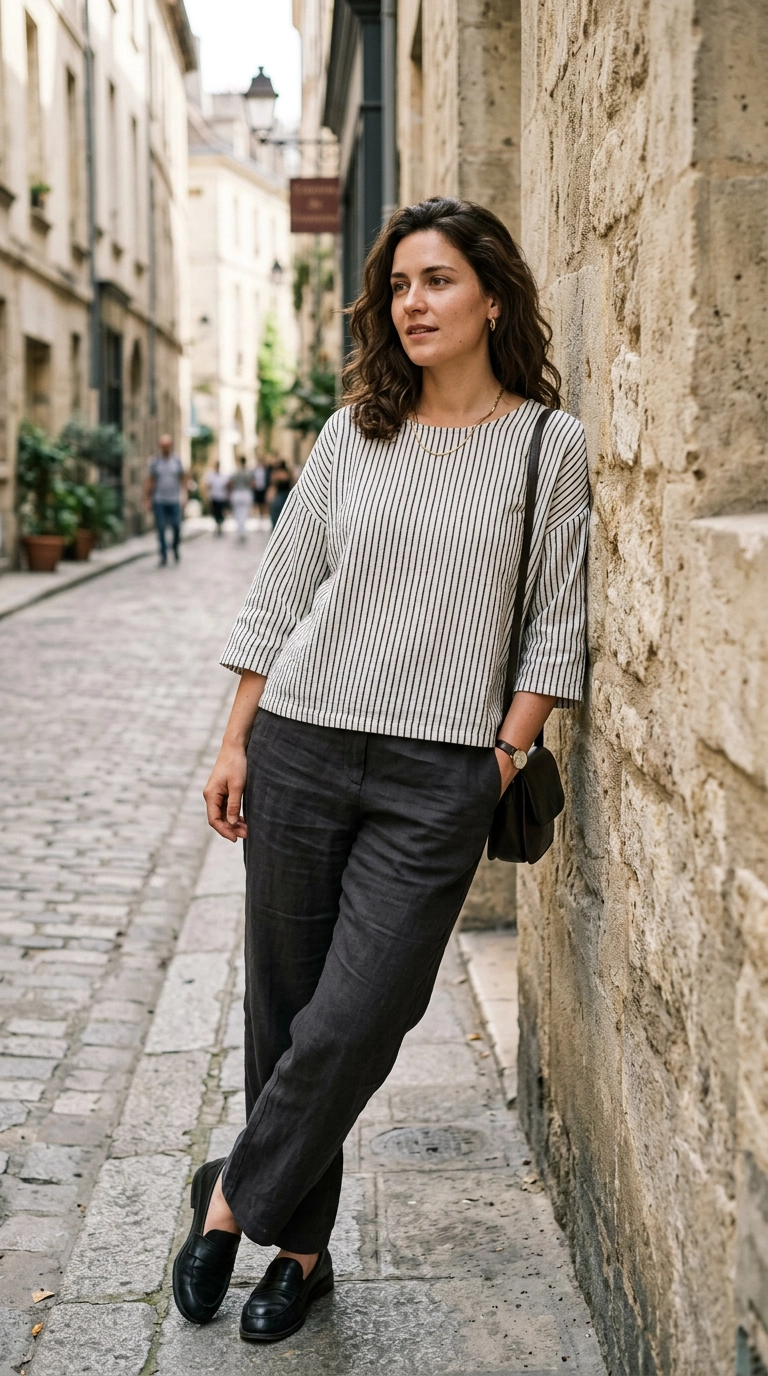 A woman wearing a boxy top with thin vertical stripes and dark trousers, leaning against a stone wall, photorealistic luxury editorial fashion street style, shot on 35mm lens, highly detailed, ultra-realistic, soft natural lighting, editorial aesthetic, no text, --ar 9:16