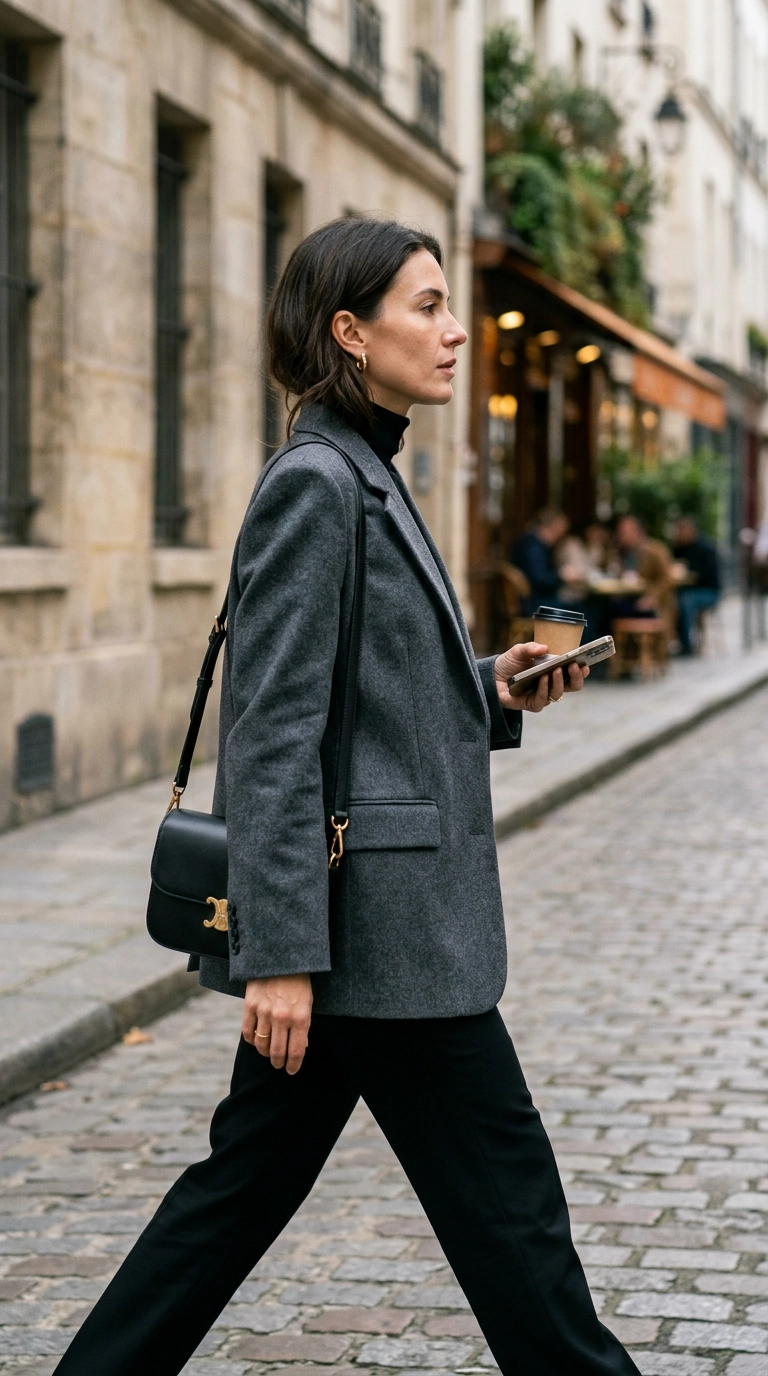 A woman wearing a sleek boxy blazer with flat welt pockets, showing a streamlined side profile, photorealistic luxury editorial fashion street style, shot on 35mm lens, highly detailed, ultra-realistic, soft natural lighting, editorial aesthetic, no text, --ar 9:16