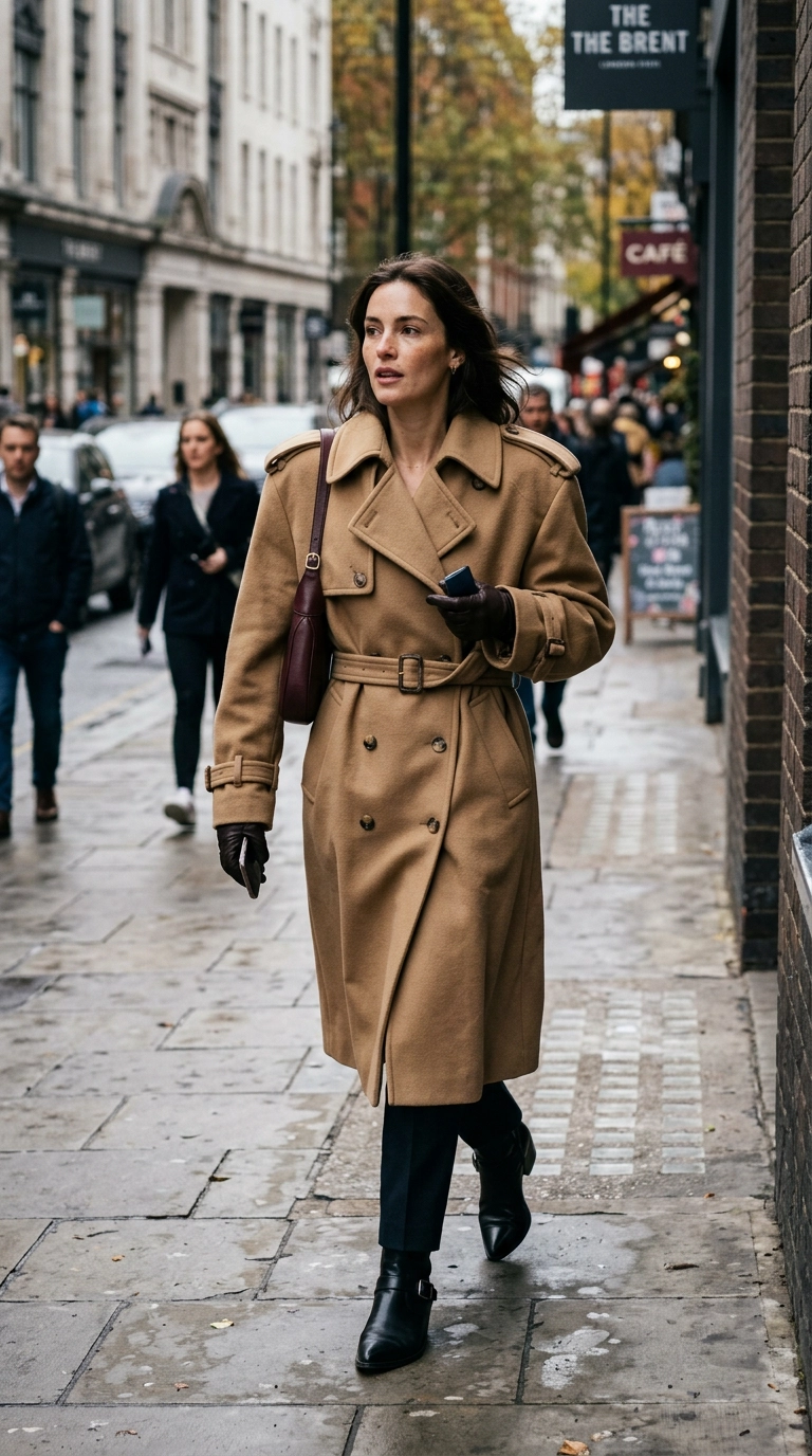 A woman wearing a boxy trench coat with pointed-toe ankle boots, walking on a city sidewalk, photorealistic luxury editorial fashion street style, shot on 35mm lens, highly detailed, ultra-realistic, soft natural lighting, editorial aesthetic, no text, --ar 9:16