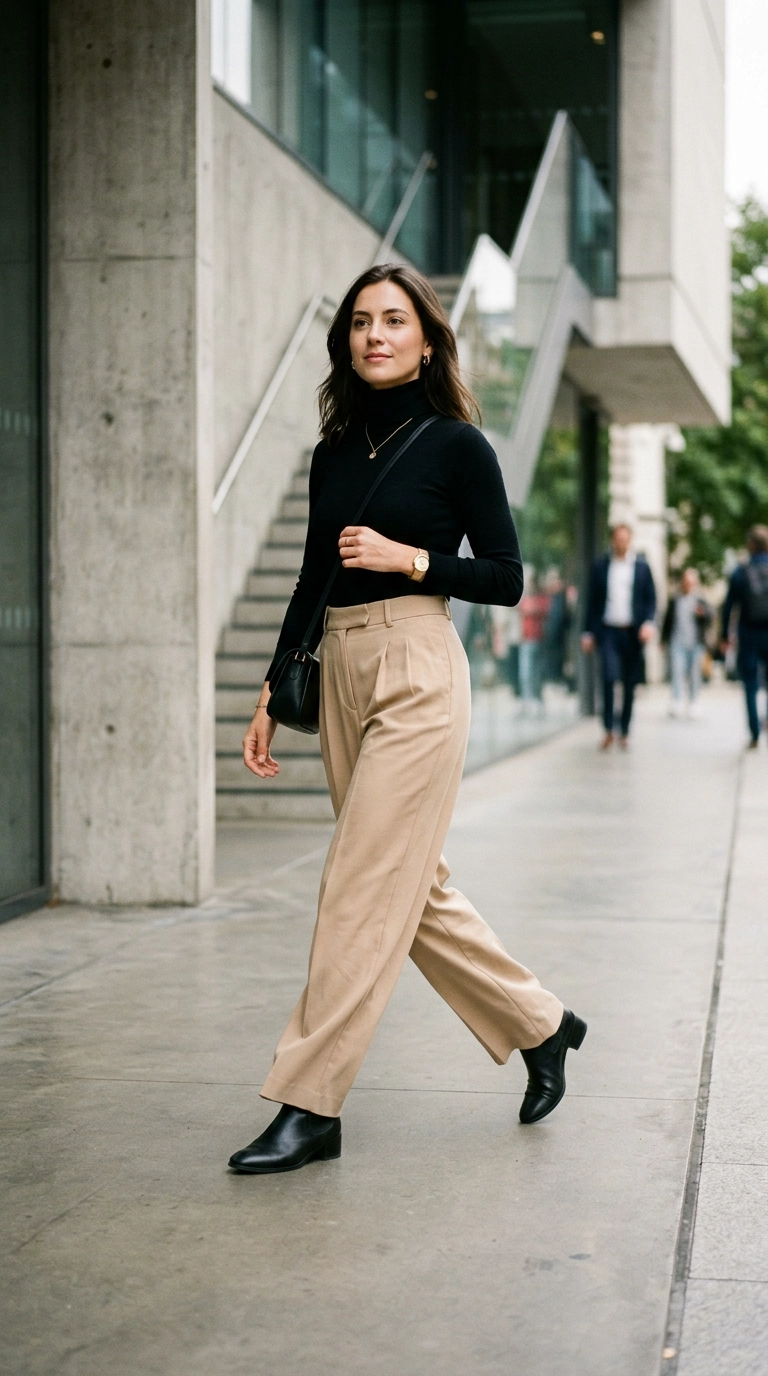photorealistic luxury editorial fashion street style, shot on 35mm lens, highly detailed, ultra-realistic, soft natural lighting, editorial aesthetic. A petite woman wearing high-waisted sand-colored wide-leg trousers and a slim-fit black turtleneck, walking through a modern architectural space. Full-body shot showing the elongated silhouette. No text or typography. --ar 9:16