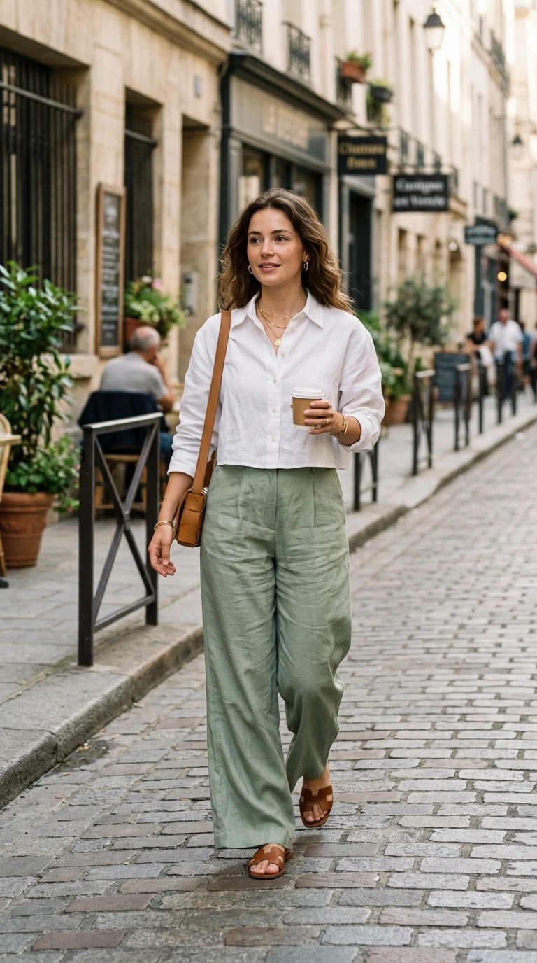 photorealistic luxury editorial fashion street style, shot on 35mm lens, highly detailed, ultra-realistic, soft natural lighting, editorial aesthetic. A petite woman wearing lightweight, flowing wide-leg trousers in a soft sage green, paired with a cropped white linen shirt. The fabric drapes elegantly around her legs. No text or typography. --ar 9:16