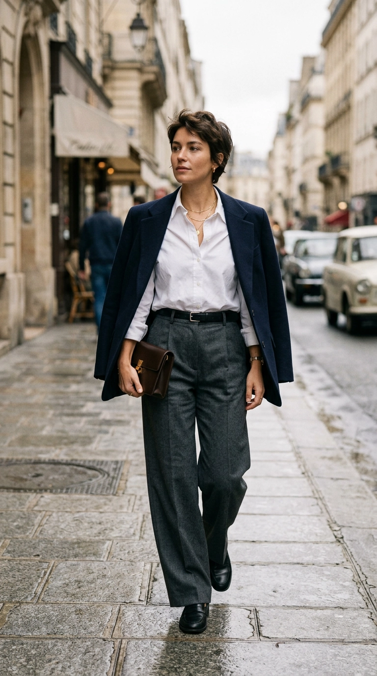 photorealistic luxury editorial fashion street style, shot on 35mm lens, highly detailed, ultra-realistic, soft natural lighting, editorial aesthetic. A petite fashion editor wearing high-waisted charcoal wide-leg pants with a crisp white button-down shirt tucked in firmly, accentuating the waist. She is holding a leather clutch. No text or typography. --ar 9:16