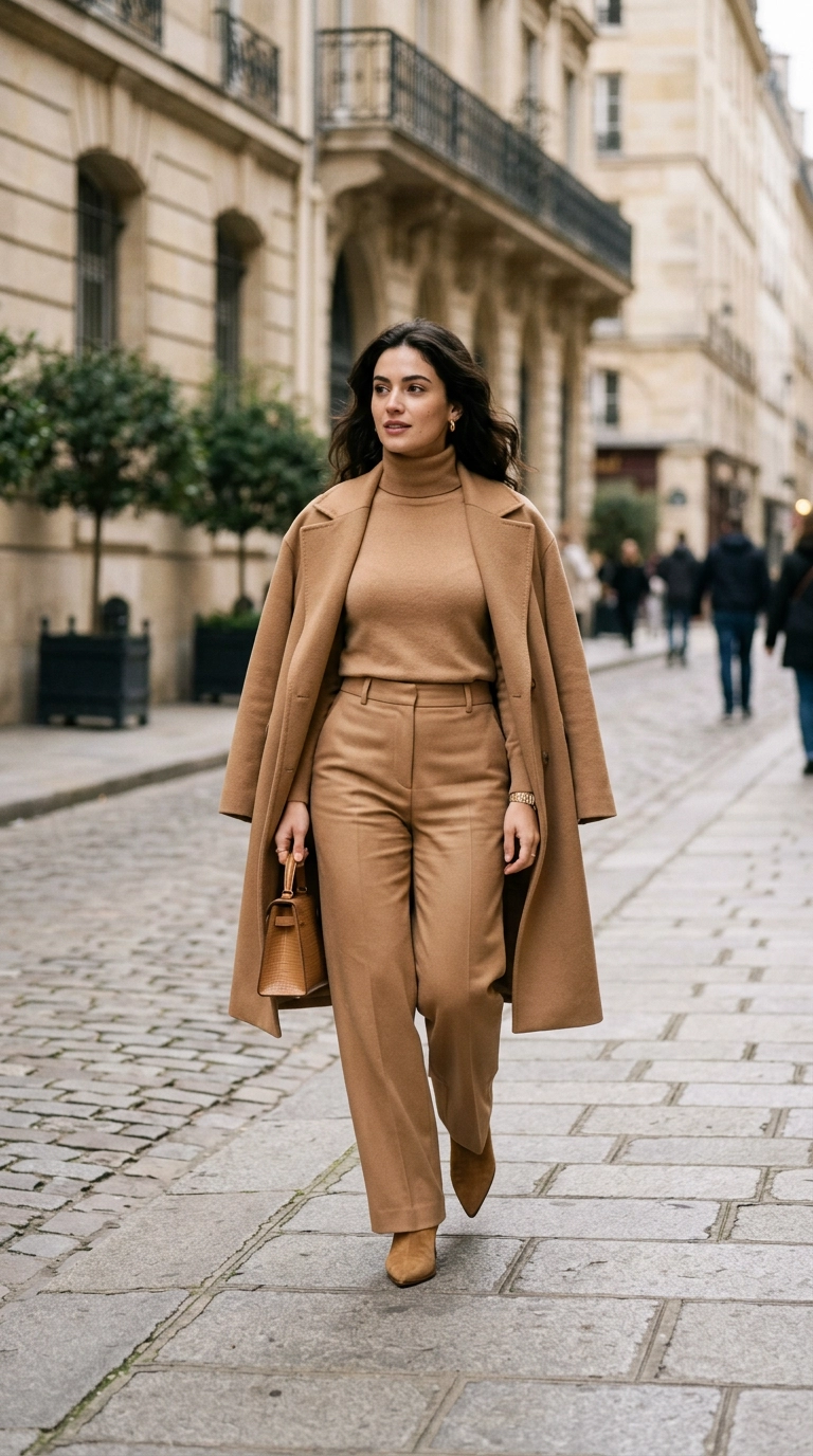 photorealistic luxury editorial fashion street style, shot on 35mm lens, highly detailed, ultra-realistic, soft natural lighting, editorial aesthetic. A petite model wearing a monochromatic outfit consisting of camel wide-leg trousers and matching camel suede pointed-toe boots, creating a seamless long line. No text or typography. --ar 9:16