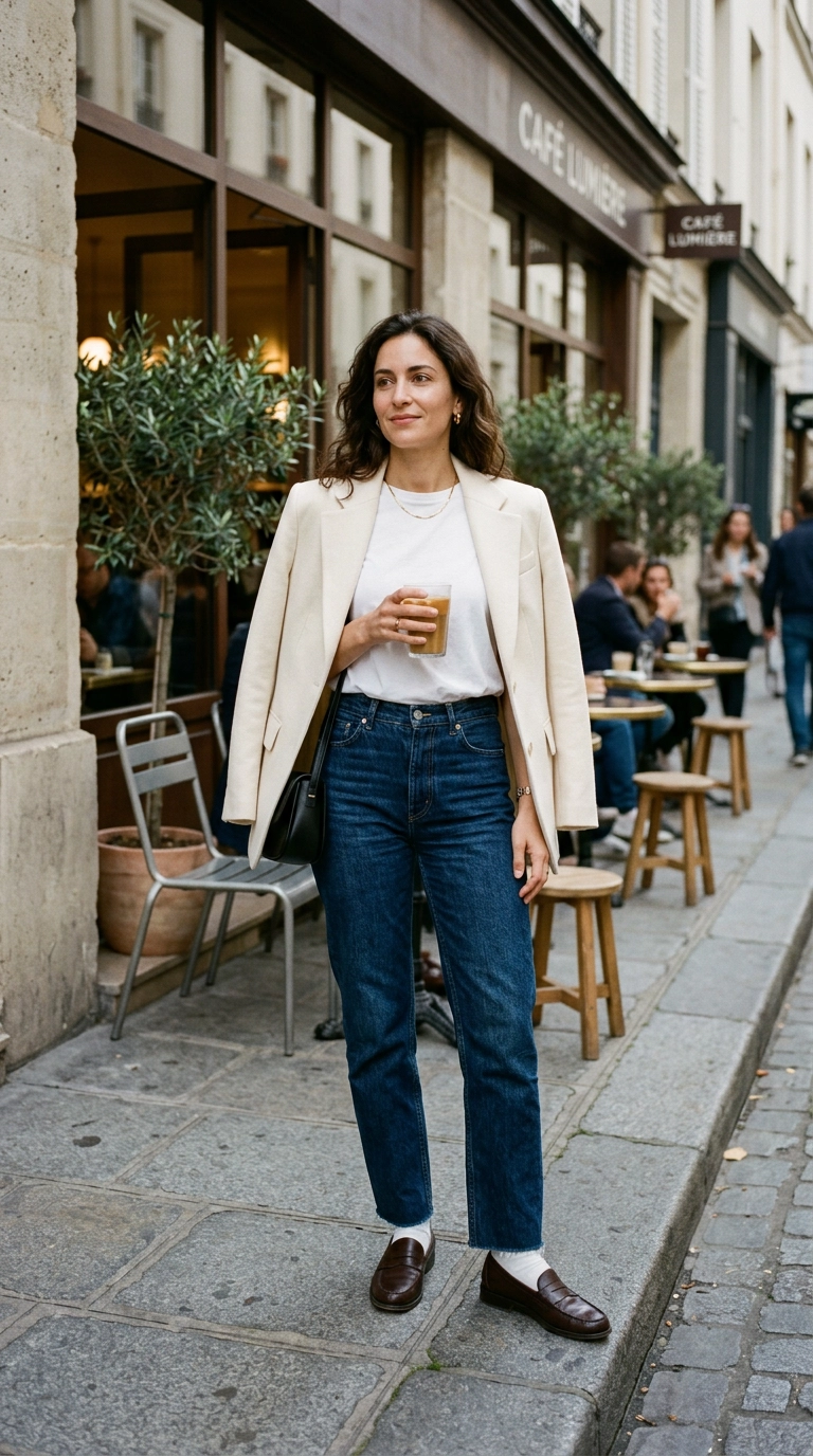 A woman wearing a structured cream blazer draped over her shoulders with a simple white tee and dark denim, chic minimalist cafe background, photorealistic luxury editorial fashion street style, shot on 35mm lens, highly detailed, ultra-realistic, soft natural lighting, editorial aesthetic, no text. --ar 9:16
