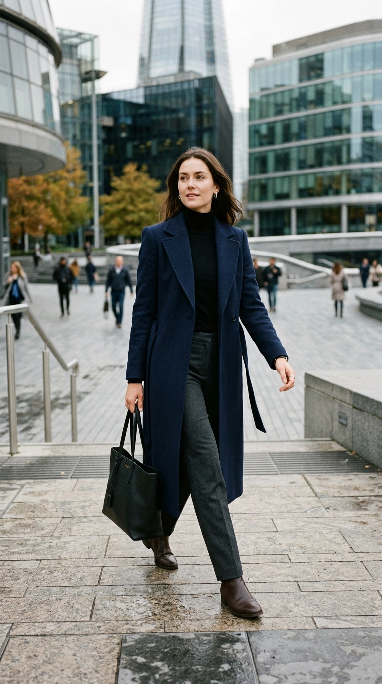 A woman wearing a perfectly tailored navy blue wool coat over a slim turtleneck and straight-leg trousers, walking through a modern city plaza, photorealistic luxury editorial fashion street style, shot on 35mm lens, highly detailed, ultra-realistic, soft natural lighting, editorial aesthetic, no text. --ar 9:16