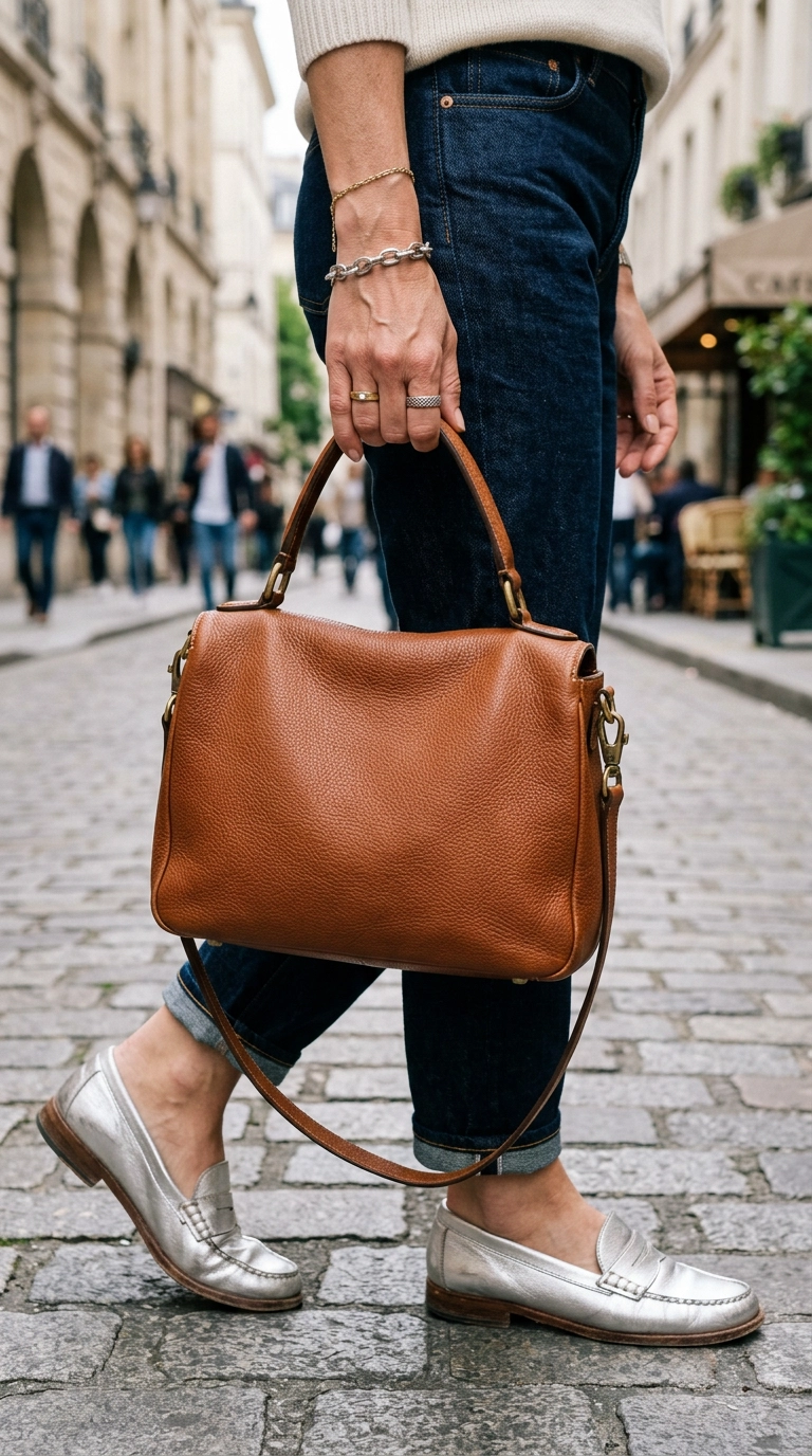 Close-up of a woman's hands holding a textured cognac leather bag paired with metallic silver loafers and mixed metal jewelry, photorealistic luxury editorial fashion street style, shot on 35mm lens, highly detailed, ultra-realistic, soft natural lighting, editorial aesthetic, no text. --ar 9:16