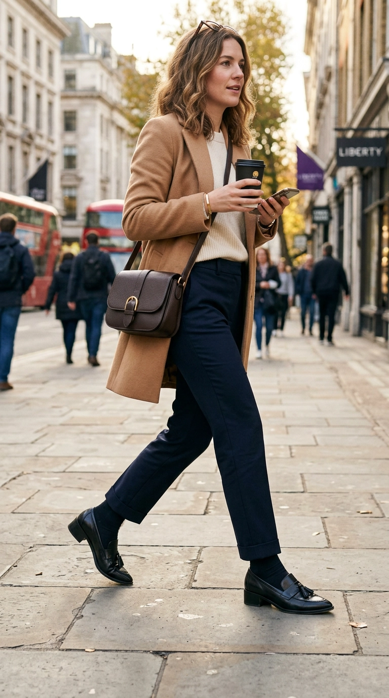 A woman wearing sleek pointed-toe loafers with a modest block heel and chic ankle trousers, walking on a sunlit sidewalk, photorealistic luxury editorial fashion street style, shot on 35mm lens, highly detailed, ultra-realistic, soft natural lighting, editorial aesthetic, no text. --ar 9:16
