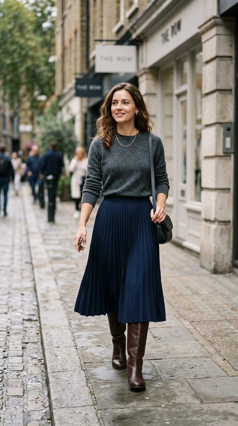 A woman in a midi-length pleated skirt that hits just above the ankle, paired with tall leather boots and a tucked-in sweater, photorealistic luxury editorial fashion street style, shot on 35mm lens, highly detailed, ultra-realistic, soft natural lighting, editorial aesthetic, no text. --ar 9:16