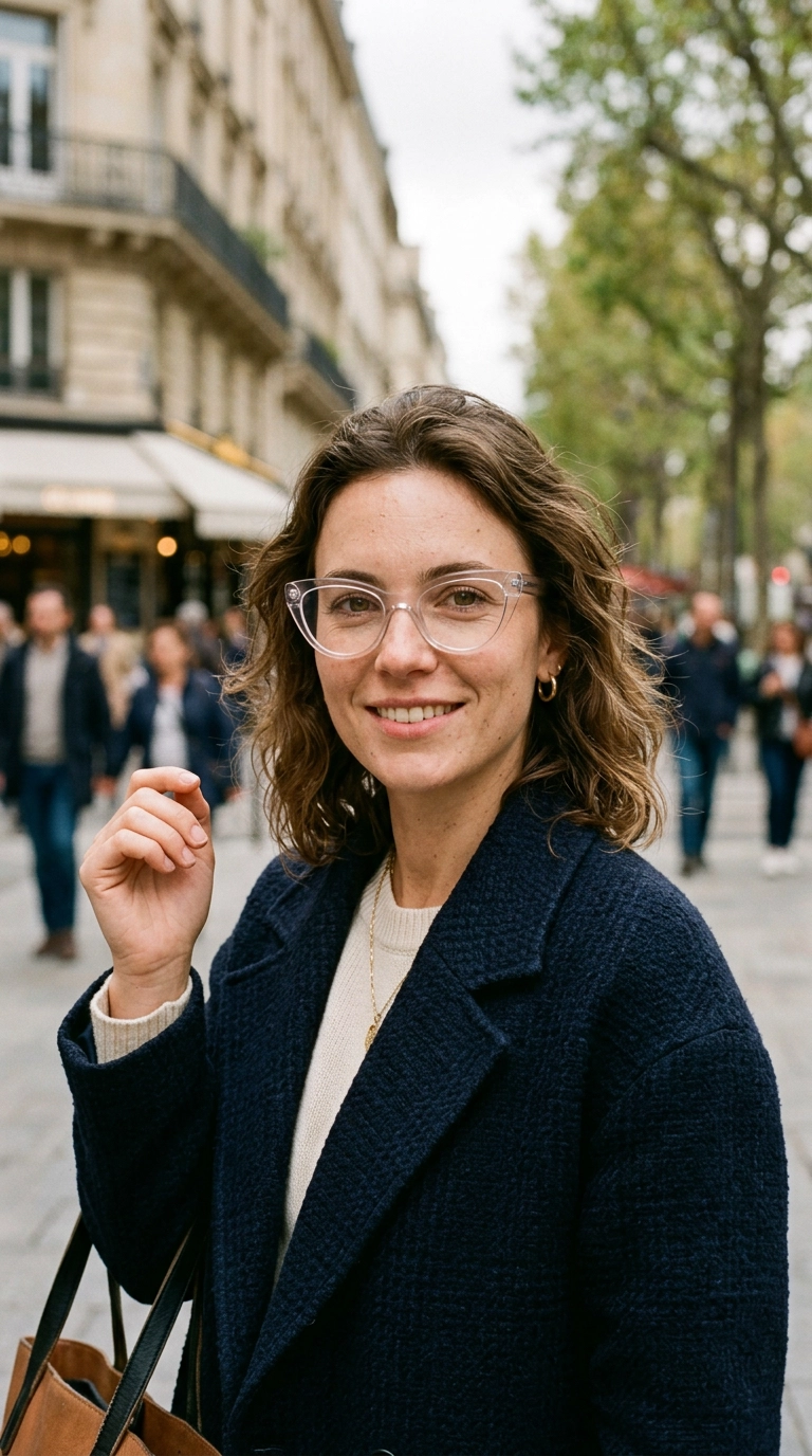 A close-up portrait of a woman wearing stylish clear-acetate cat-eye glasses, soft natural light on her face, photorealistic luxury editorial fashion street style, shot on 35mm lens, highly detailed, ultra-realistic, soft natural lighting, editorial aesthetic, no text. --ar 9:16