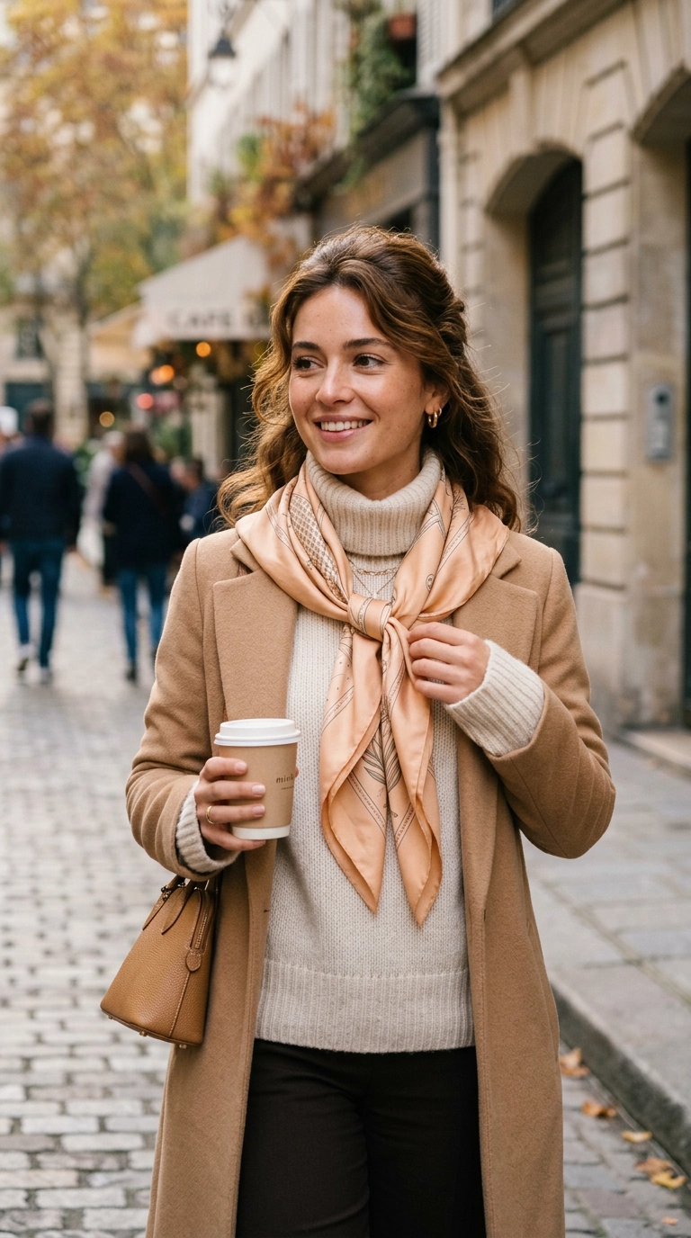 A woman wearing a soft peach-toned silk scarf and light-colored knitwear, her skin looking radiant and warm, photorealistic luxury editorial fashion street style, shot on 35mm lens, highly detailed, ultra-realistic, soft natural lighting, editorial aesthetic, no text. --ar 9:16
