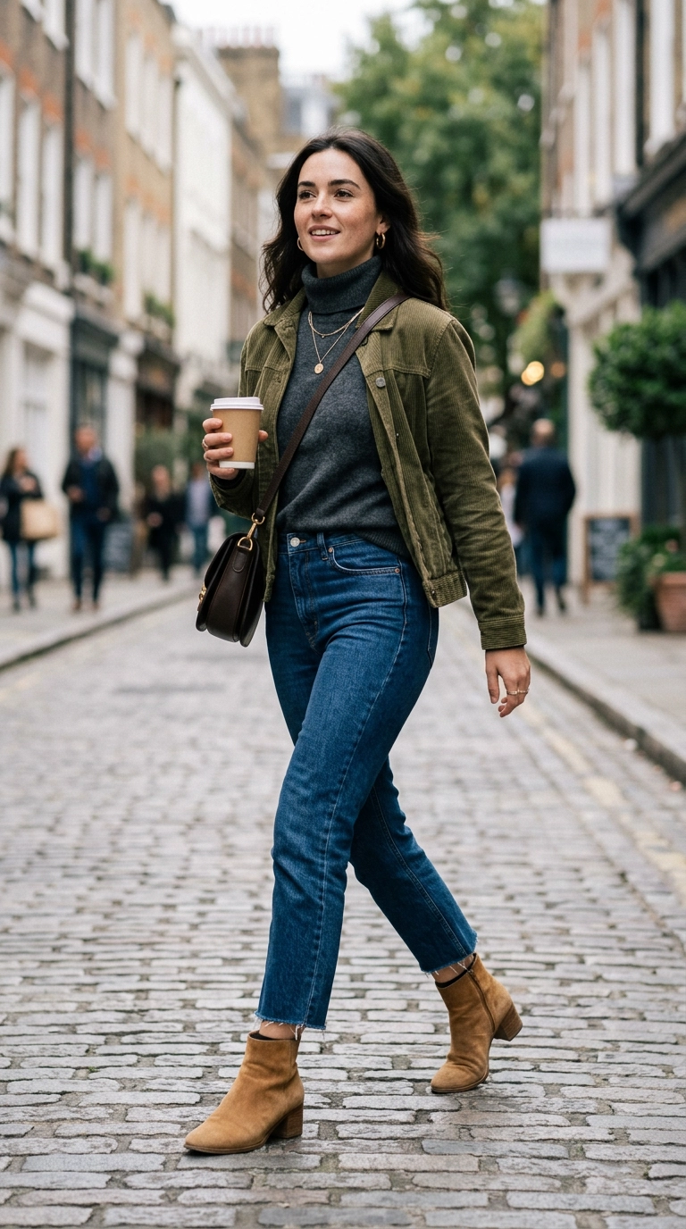 A mid-shot of a woman wearing cropped straight-leg denim and suede ankle boots with a small awkward gap of skin showing, photorealistic luxury editorial fashion street style, shot on 35mm lens, highly detailed, ultra-realistic, soft natural lighting, editorial aesthetic, no text or typography --ar 9:16