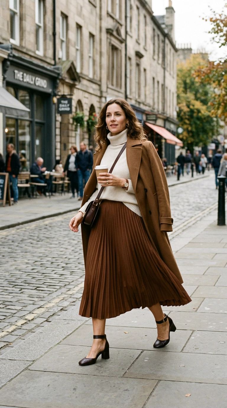 A full-body shot of a woman in a brown pleated midi skirt that hits at the widest part of her calf, paired with ankle strap heels, photorealistic luxury editorial fashion street style, shot on 35mm lens, highly detailed, ultra-realistic, soft natural lighting, editorial aesthetic, no text or typography --ar 9:16
