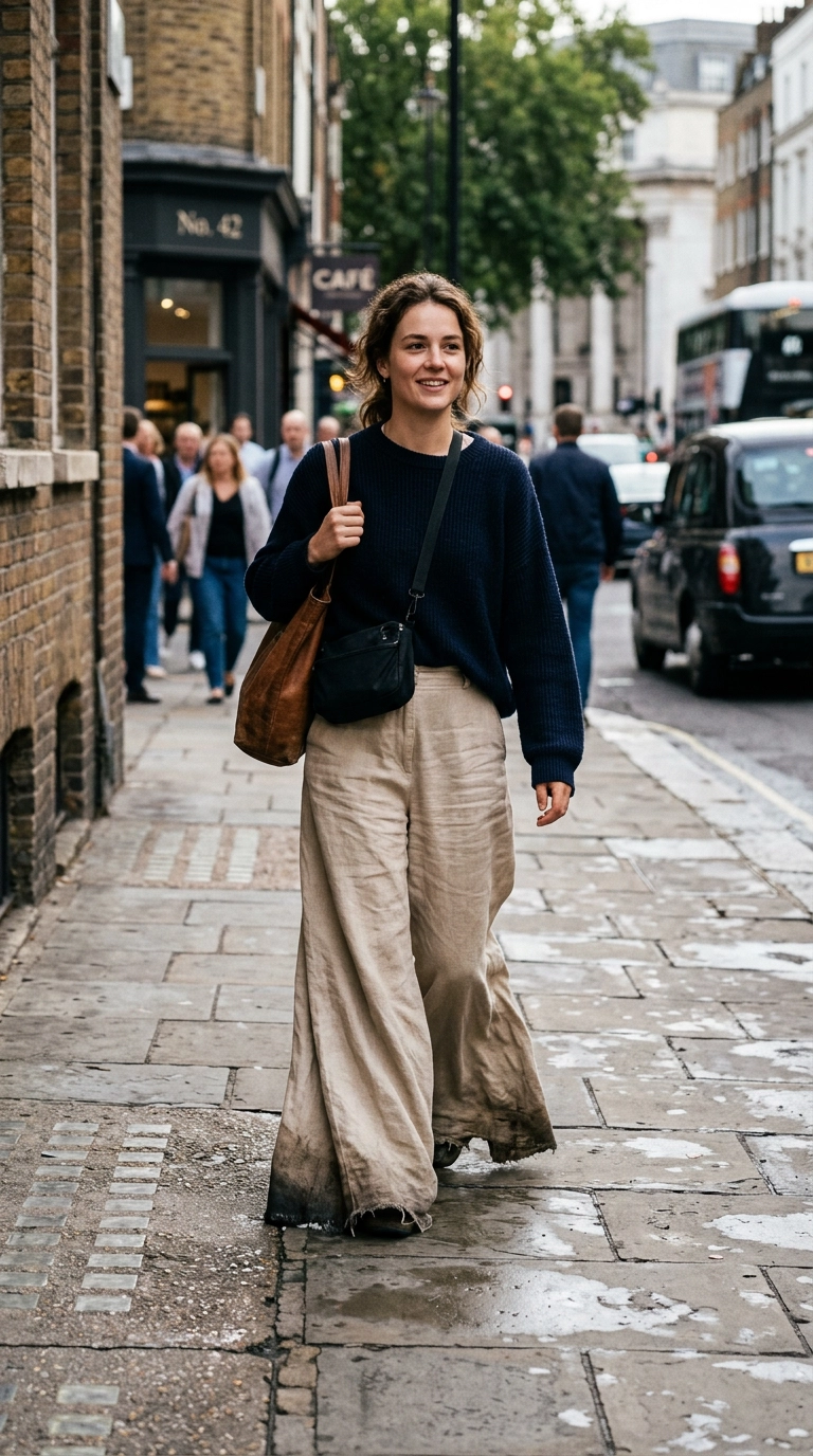 A woman wearing oversized beige wide-leg trousers that are dragging on the pavement, covering her shoes completely, photorealistic luxury editorial fashion street style, shot on 35mm lens, highly detailed, ultra-realistic, soft natural lighting, editorial aesthetic, no text or typography --ar 9:16