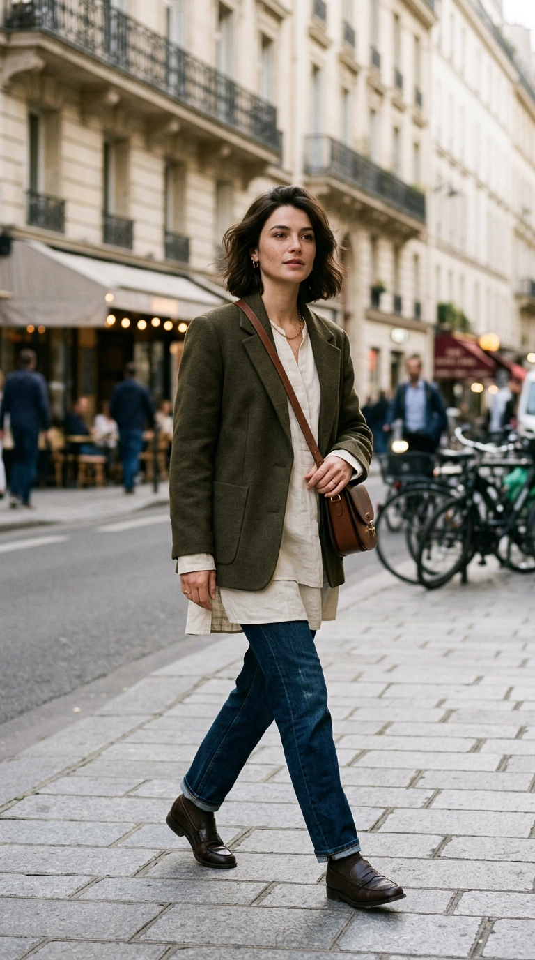 A woman wearing a long tunic top under a boxy hip-length blazer, creating multiple horizontal layers, photorealistic luxury editorial fashion street style, shot on 35mm lens, highly detailed, ultra-realistic, soft natural lighting, editorial aesthetic, no text or typography --ar 9:16