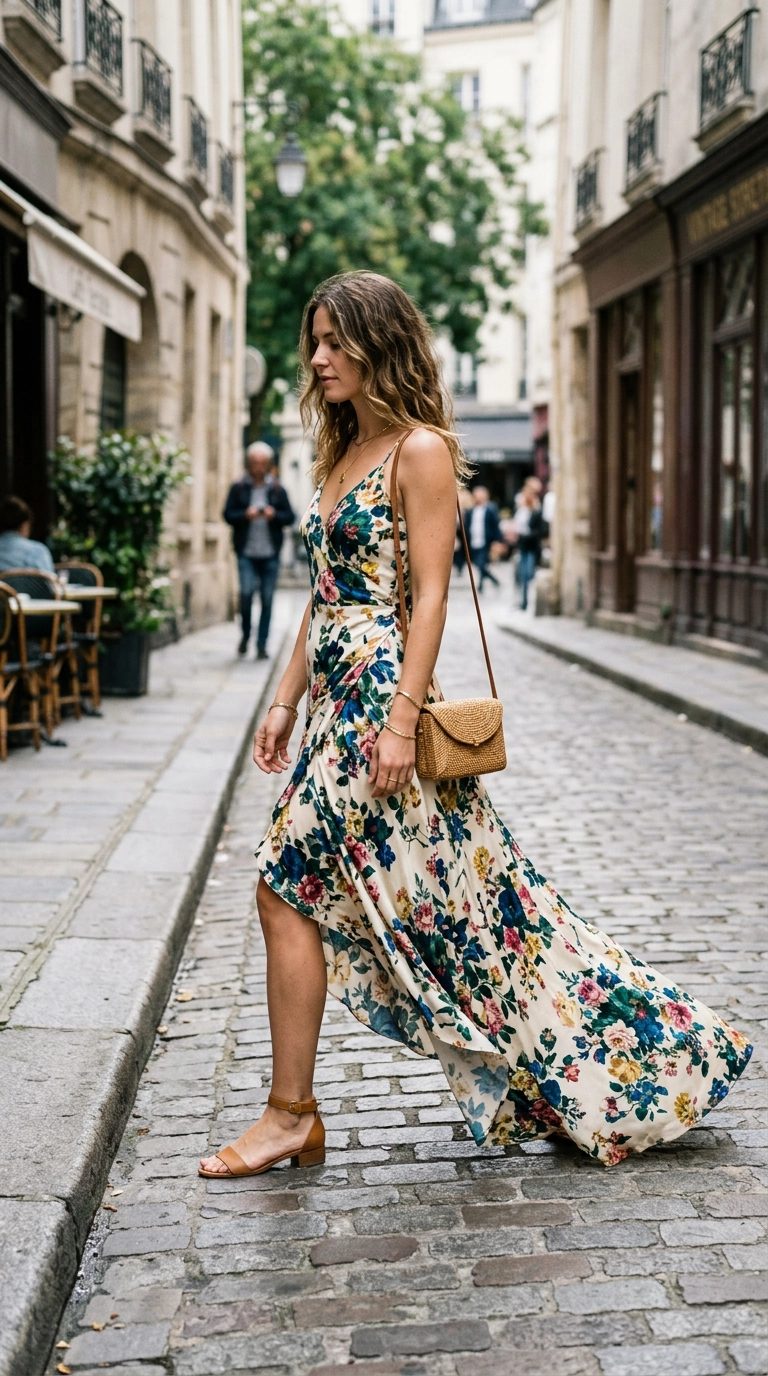 A woman in a flowing floral maxi dress where the back hem is dragging but the front is shorter, photorealistic luxury editorial fashion street style, shot on 35mm lens, highly detailed, ultra-realistic, soft natural lighting, editorial aesthetic, no text or typography --ar 9:16