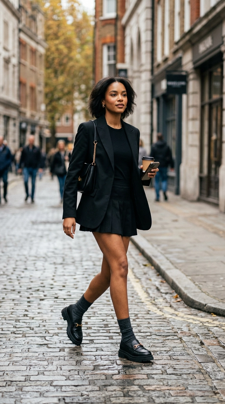 A woman in a very short black mini skirt wearing chunky flat loafers and thick socks, photorealistic luxury editorial fashion street style, shot on 35mm lens, highly detailed, ultra-realistic, soft natural lighting, editorial aesthetic, no text or typography --ar 9:16