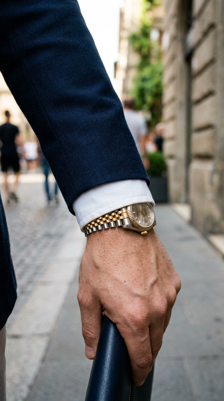 Photorealistic luxury editorial fashion street style, close up shot of a man's wrist showing a crisp white shirt cuff peeking exactly half an inch from a navy wool blazer sleeve, shot on 35mm lens, highly detailed, ultra-realistic, soft natural lighting, editorial aesthetic, no text, no typography --ar 9:16
