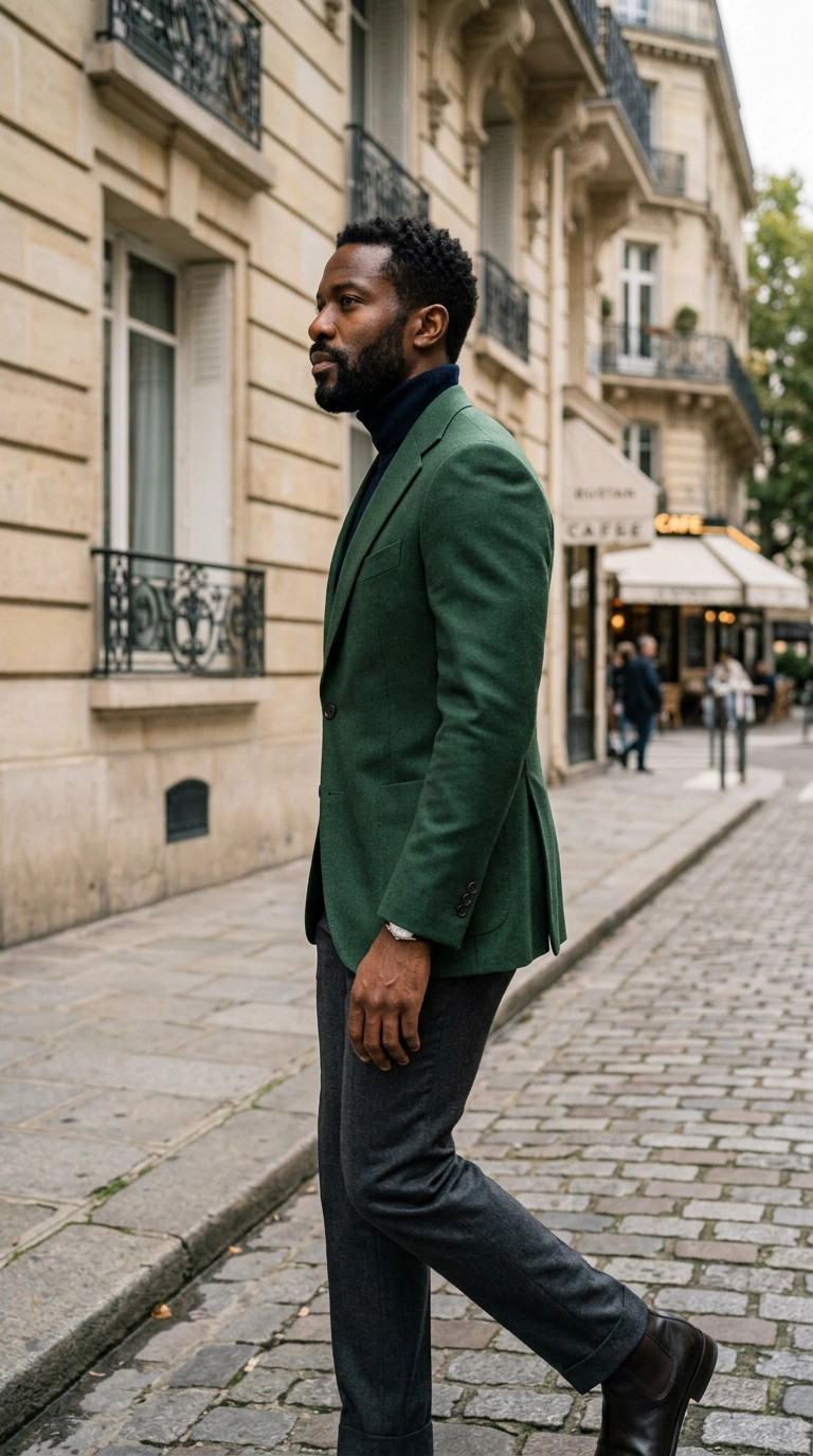 Photorealistic luxury editorial fashion street style, side profile of a man in a tapered forest green suit jacket showing a defined waistline, shot on 35mm lens, highly detailed, ultra-realistic, soft natural lighting, editorial aesthetic, no text, no typography --ar 9:16