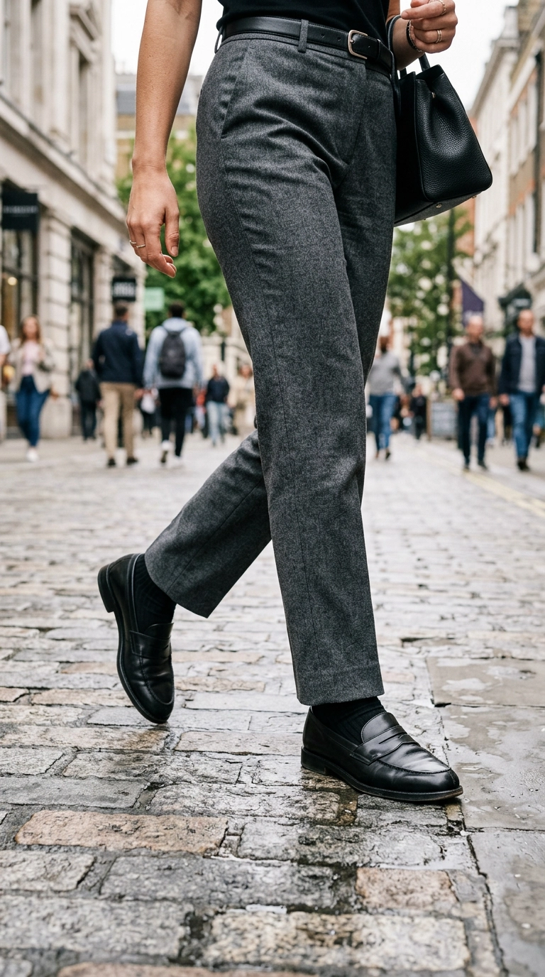 Photorealistic luxury editorial fashion street style, low angle shot of tailored grey trousers with a slight break resting elegantly on black leather loafers, shot on 35mm lens, highly detailed, ultra-realistic, soft natural lighting, editorial aesthetic, no text, no typography --ar 9:16