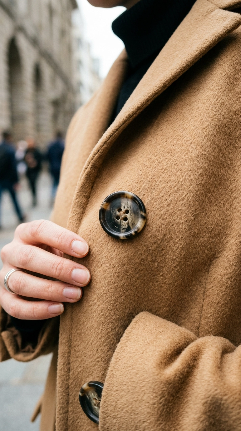 Photorealistic luxury editorial fashion street style, extreme close up of genuine horn buttons on a high-quality camel hair coat, shot on 35mm lens, highly detailed, ultra-realistic, soft natural lighting, editorial aesthetic, no text, no typography --ar 9:16