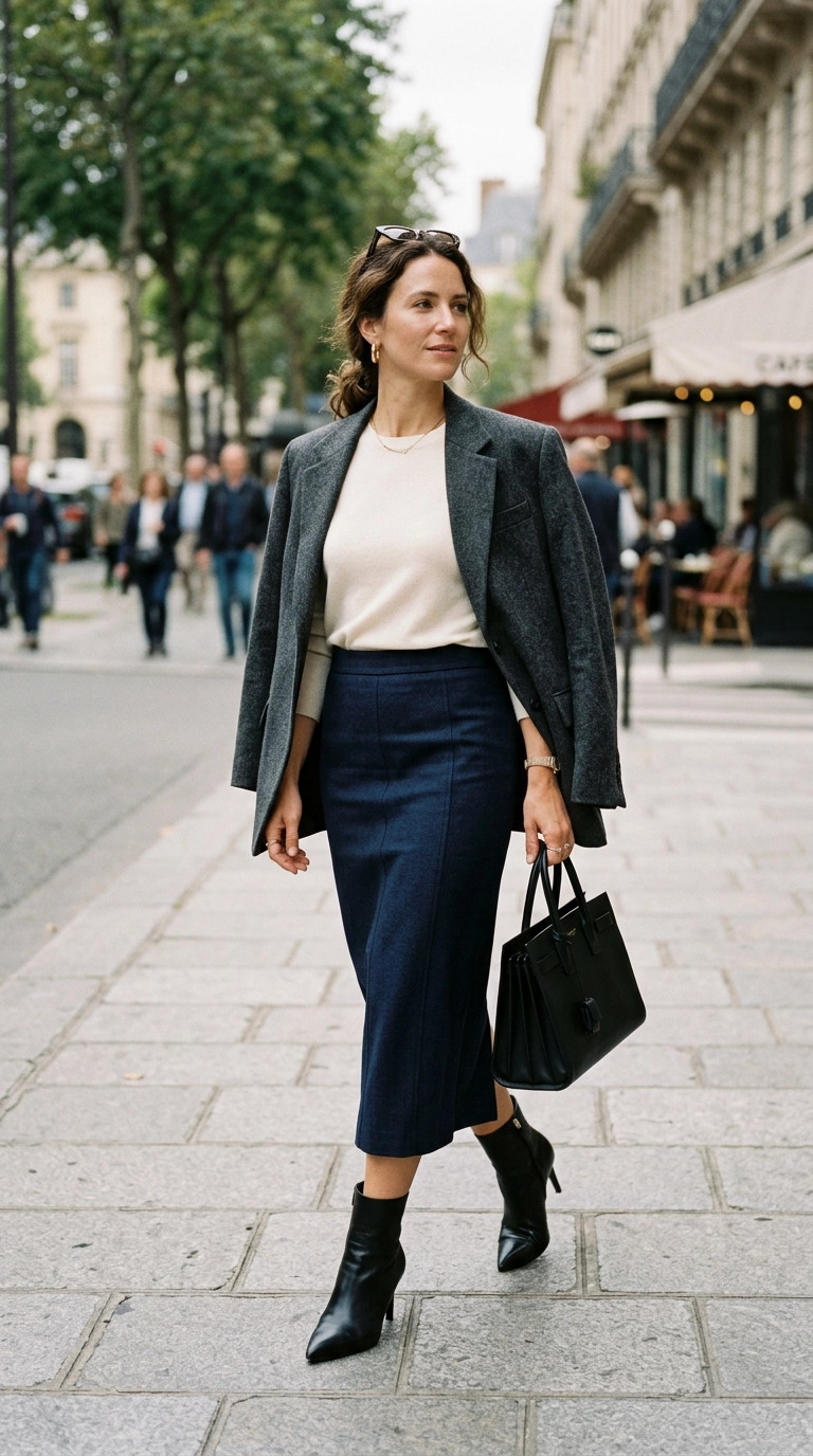 Photorealistic luxury editorial fashion street style, a woman wearing a midi pencil skirt that hits exactly at the narrowest part of her calf, shot on 35mm lens, highly detailed, ultra-realistic, soft natural lighting, editorial aesthetic, no text, no typography --ar 9:16