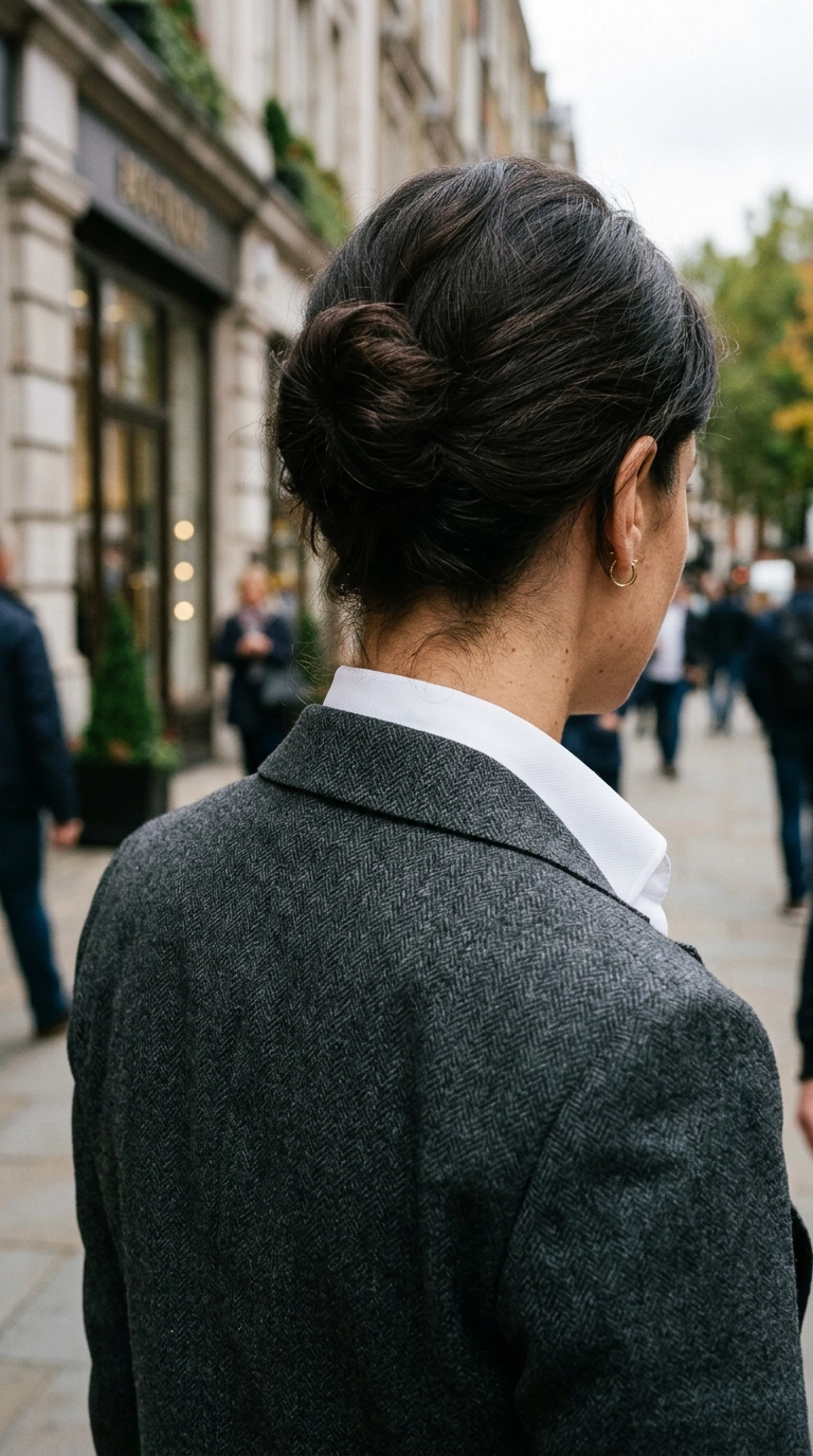 Photorealistic luxury editorial fashion street style, close up of a suit jacket collar resting flat against the shirt collar and back of the neck, shot on 35mm lens, highly detailed, ultra-realistic, soft natural lighting, editorial aesthetic, no text, no typography --ar 9:16