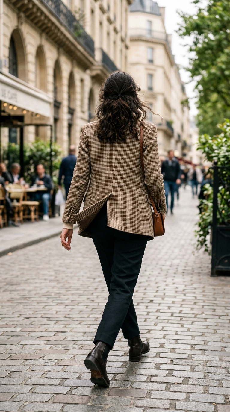 Photorealistic luxury editorial fashion street style, back view of a woman walking in a checked blazer with the back vents moving freely, shot on 35mm lens, highly detailed, ultra-realistic, soft natural lighting, editorial aesthetic, no text, no typography --ar 9:16