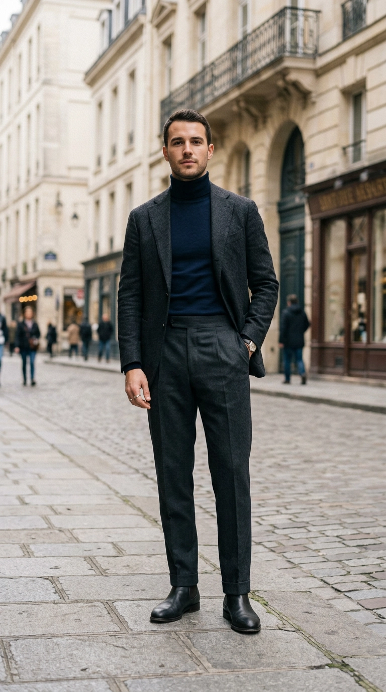 Photorealistic luxury editorial fashion street style, a man standing with hands out of pockets showing the smooth clean lines of his trousers, shot on 35mm lens, highly detailed, ultra-realistic, soft natural lighting, editorial aesthetic, no text, no typography --ar 9:16