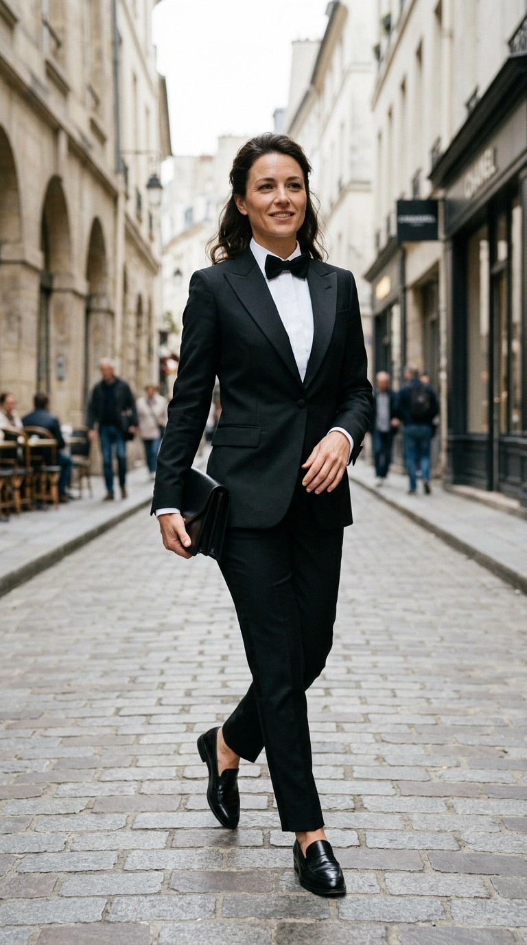 Photorealistic luxury editorial fashion street style, a confident woman in a perfectly fitted tuxedo suit for her current body shape, shot on 35mm lens, highly detailed, ultra-realistic, soft natural lighting, editorial aesthetic, no text, no typography --ar 9:16