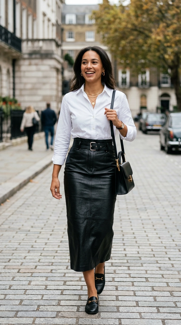 photorealistic luxury editorial fashion street style, shot on 35mm lens, highly detailed, ultra-realistic, soft natural lighting, editorial aesthetic, mid-shot of a woman wearing a high-waisted leather skirt with a tucked-in crisp white button-down, emphasizing the 1/3 to 2/3 ratio, no text --ar 9:16