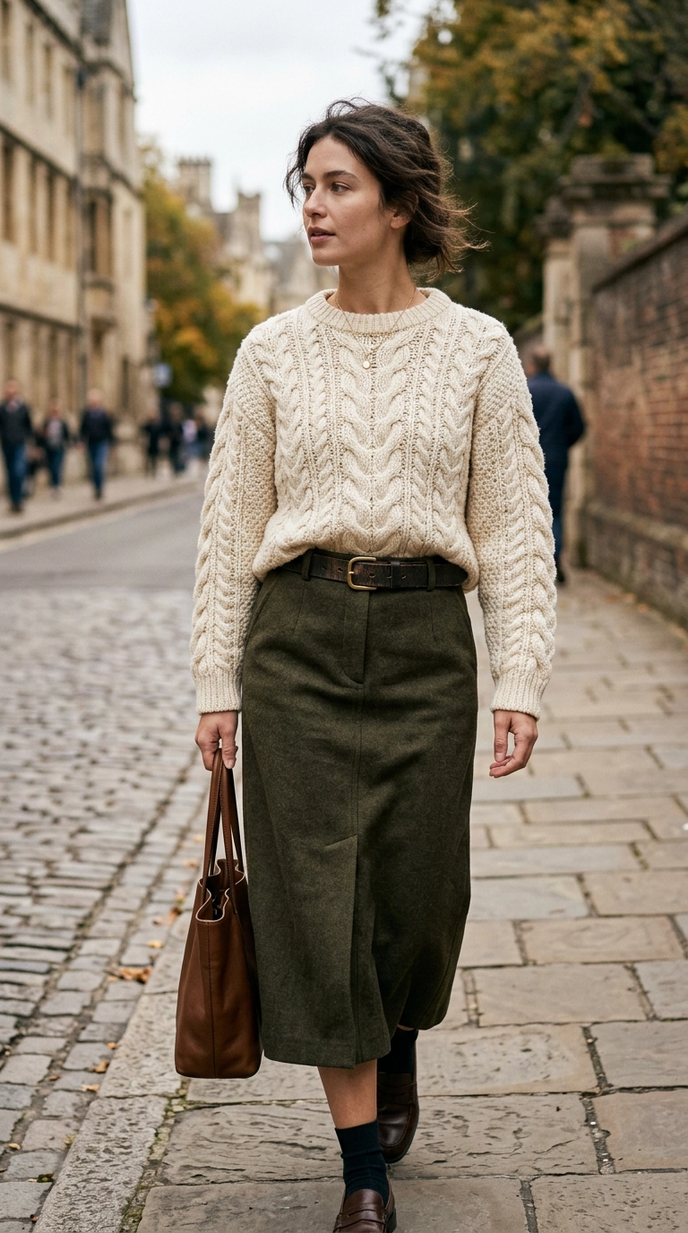 photorealistic luxury editorial fashion street style, shot on 35mm lens, highly detailed, ultra-realistic, soft natural lighting, editorial aesthetic, detail shot of a heavy cable knit sweater paired with a structured wool midi skirt, balanced textures, no text --ar 9:16