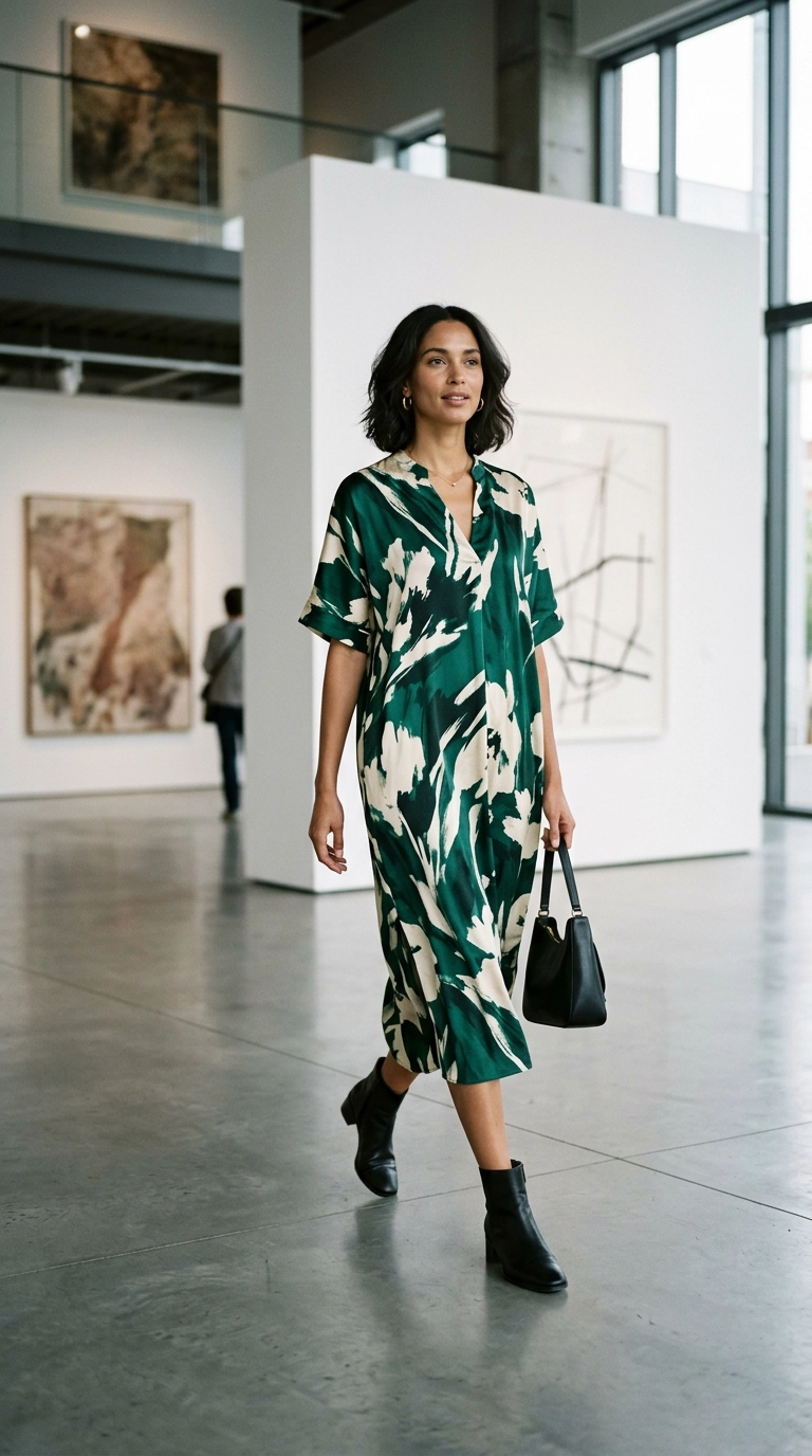 A tall woman wearing a modern, abstract oversized floral midi dress in silk, deep emerald and cream colors, walking through a minimalist art gallery, photorealistic luxury editorial fashion street style, shot on 35mm lens, highly detailed, ultra-realistic, soft natural lighting, editorial aesthetic, no text, no typography --ar 9:16