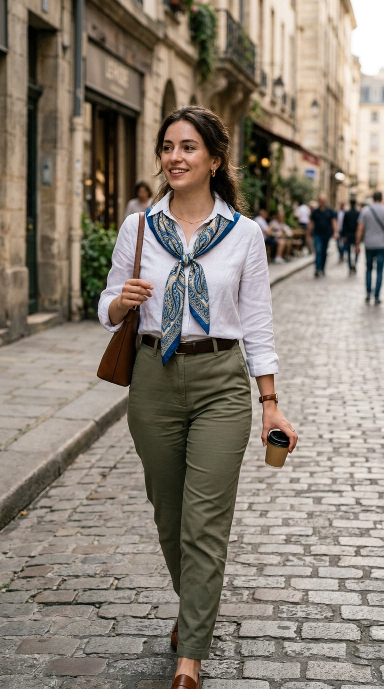 A woman wearing a crisp white linen shirt tucked into high-waisted trousers with a subtle, bright blue paisley silk scarf tied around her neck, photorealistic luxury editorial fashion street style, shot on 35mm lens, highly detailed, ultra-realistic, soft natural lighting, editorial aesthetic, no text, no typography --ar 9:16