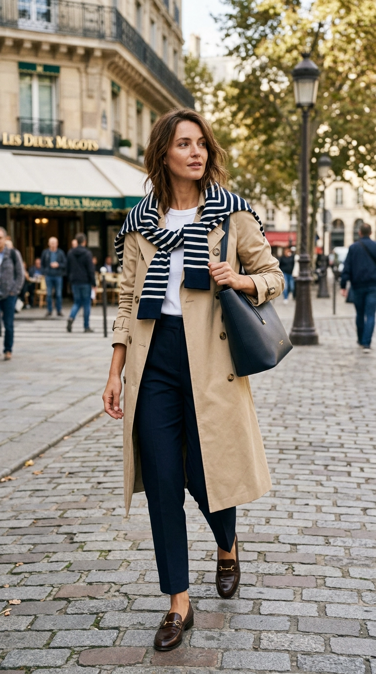 A sophisticated woman wearing a navy and white Breton striped sweater draped over her shoulders with a tailored beige trench coat, photorealistic luxury editorial fashion street style, shot on 35mm lens, highly detailed, ultra-realistic, soft natural lighting, editorial aesthetic, no text, no typography --ar 9:16