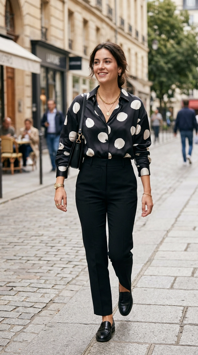 A woman wearing a large, irregular white polka dot silk blouse with black tailored trousers and gold jewelry, photorealistic luxury editorial fashion street style, shot on 35mm lens, highly detailed, ultra-realistic, soft natural lighting, editorial aesthetic, no text, no typography --ar 9:16