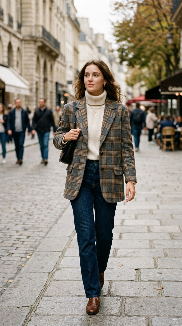 A woman wearing a grey and camel oversized plaid blazer layered over a cream turtleneck and dark denim, photorealistic luxury editorial fashion street style, shot on 35mm lens, highly detailed, ultra-realistic, soft natural lighting, editorial aesthetic, no text, no typography --ar 9:16