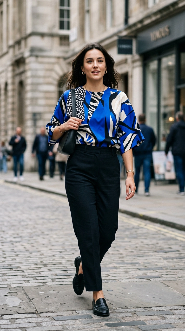 A woman wearing a modern abstract print top with vibrant cobalt blue accents on a clean white background, photorealistic luxury editorial fashion street style, shot on 35mm lens, highly detailed, ultra-realistic, soft natural lighting, editorial aesthetic, no text, no typography --ar 9:16