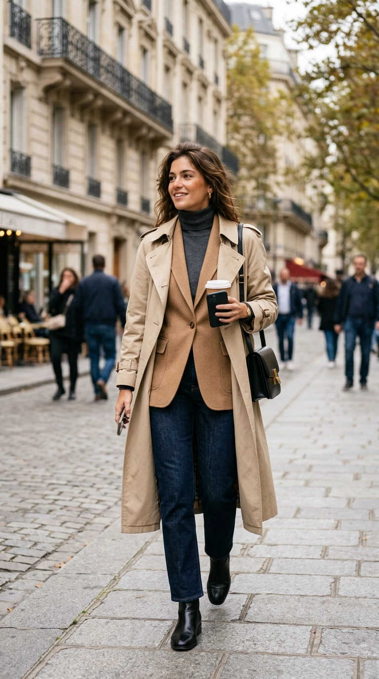Photorealistic luxury editorial fashion street style, layering a thin cashmere turtleneck under a structured wool vest and a light trench, shot on 35mm lens, highly detailed, ultra-realistic, soft natural lighting, editorial aesthetic, no text --ar 9:16