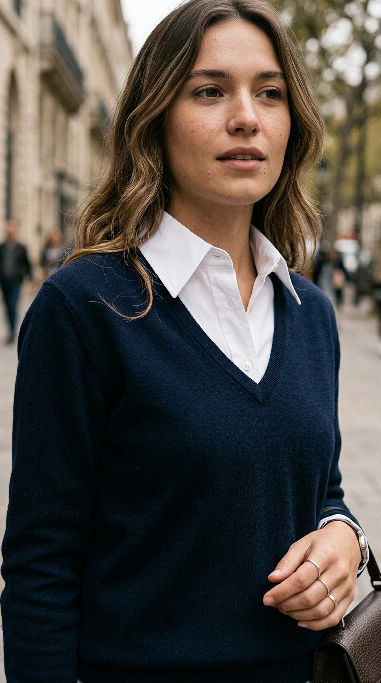 Photorealistic luxury editorial fashion street style, a close-up of a sharp collared white shirt under a navy v-neck sweater, clean lines and visible collar, shot on 35mm lens, highly detailed, ultra-realistic, soft natural lighting, editorial aesthetic, no text --ar 9:16