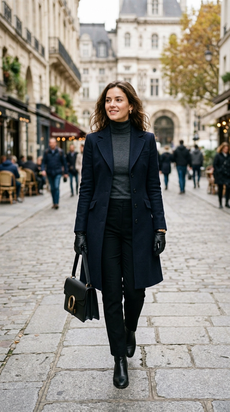 Photorealistic luxury editorial fashion street style, a woman wearing a coat with slim sleeves over a fitted knit, elegant arm silhouette, shot on 35mm lens, highly detailed, ultra-realistic, soft natural lighting, editorial aesthetic, no text --ar 9:16