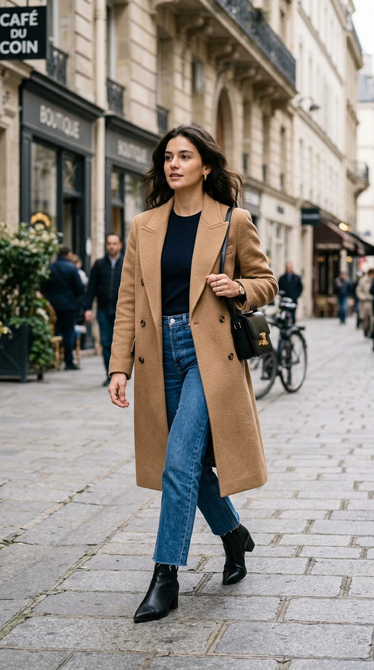 Photorealistic luxury editorial fashion street style, a mid-length coat paired with straight-leg denim and pointed-toe boots, shot on 35mm lens, highly detailed, ultra-realistic, soft natural lighting, editorial aesthetic, no text --ar 9:16