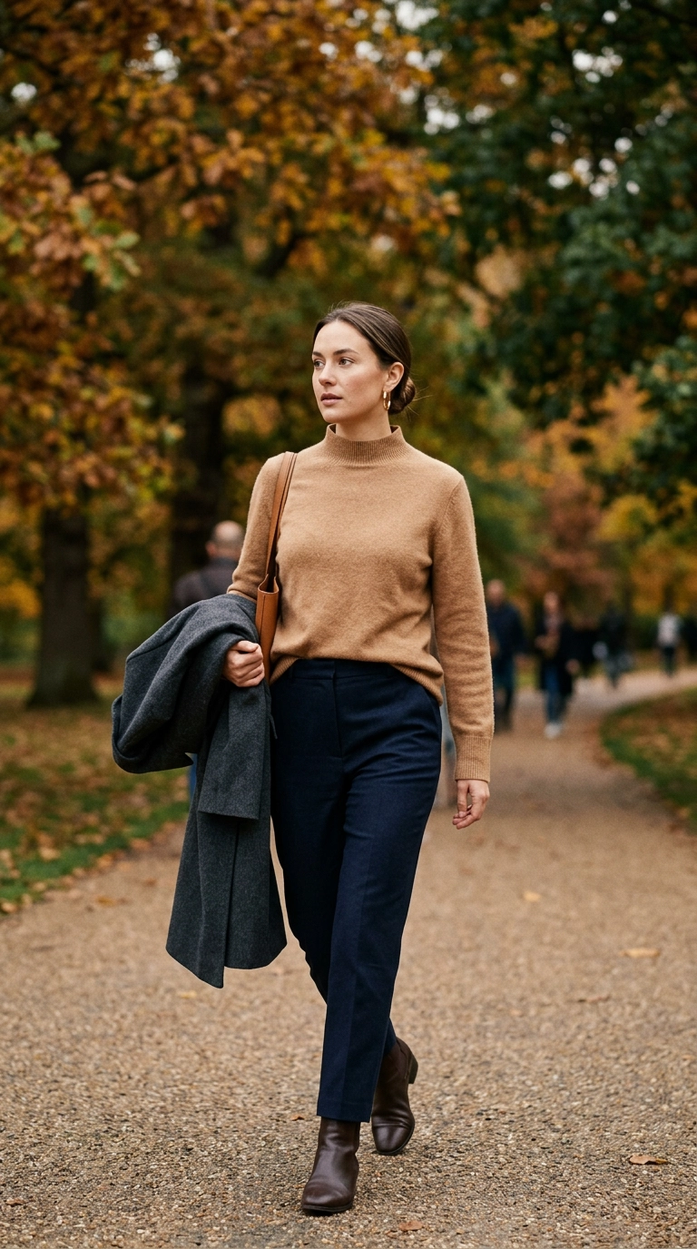 A woman in a camel-colored cashmere mock-neck sweater with a sleek bun, gold hoop earrings, walking through a park in autumn, photorealistic luxury editorial fashion street style, shot on 35mm lens, highly detailed, ultra-realistic, soft natural lighting, editorial aesthetic, no text, no mirror selfie --ar 9:16
