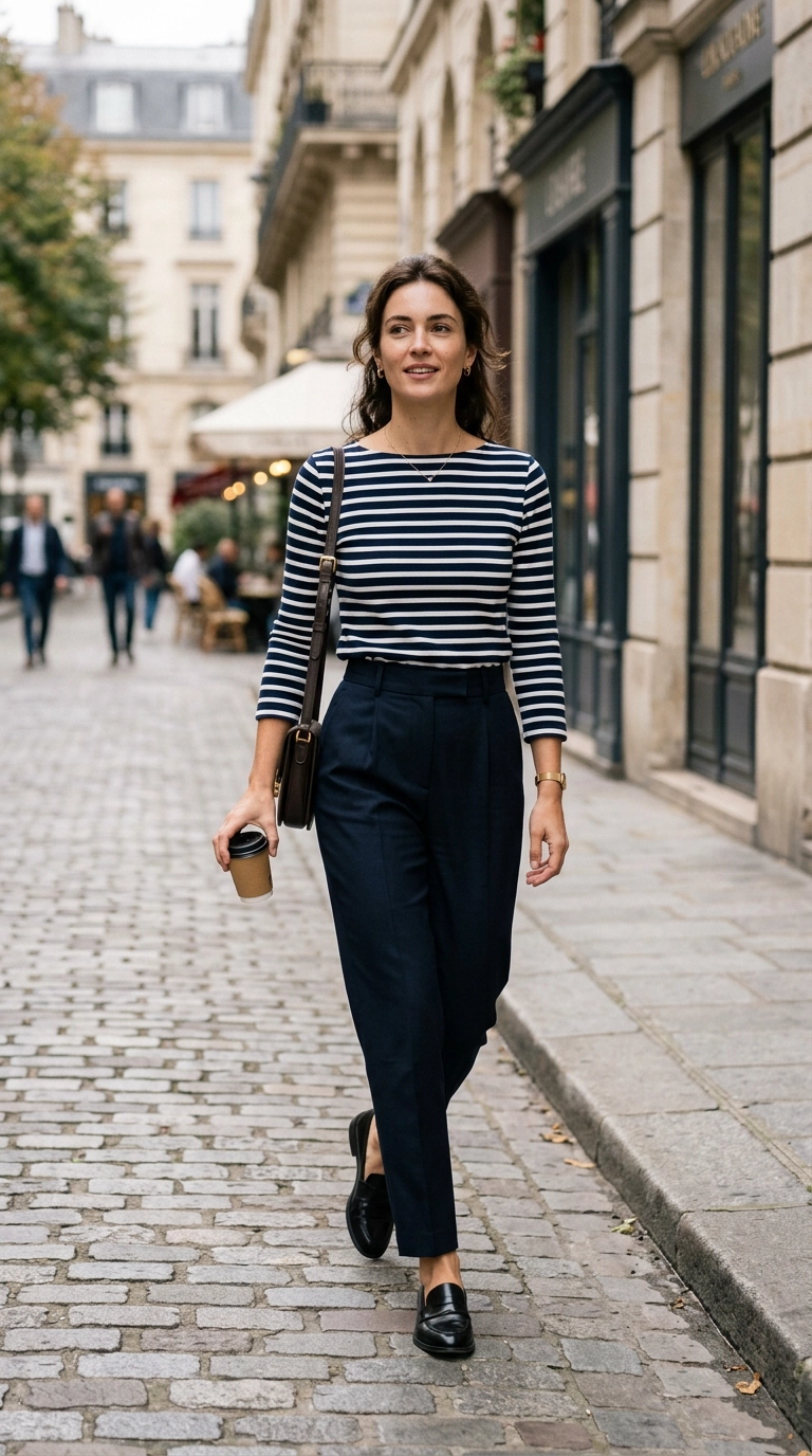 A woman wearing a navy and white striped Breton top with a perfectly fitted horizontal neckline and tailored trousers, photorealistic luxury editorial fashion street style, shot on 35mm lens, highly detailed, ultra-realistic, soft natural lighting, editorial aesthetic, no text, no mirror selfie --ar 9:16