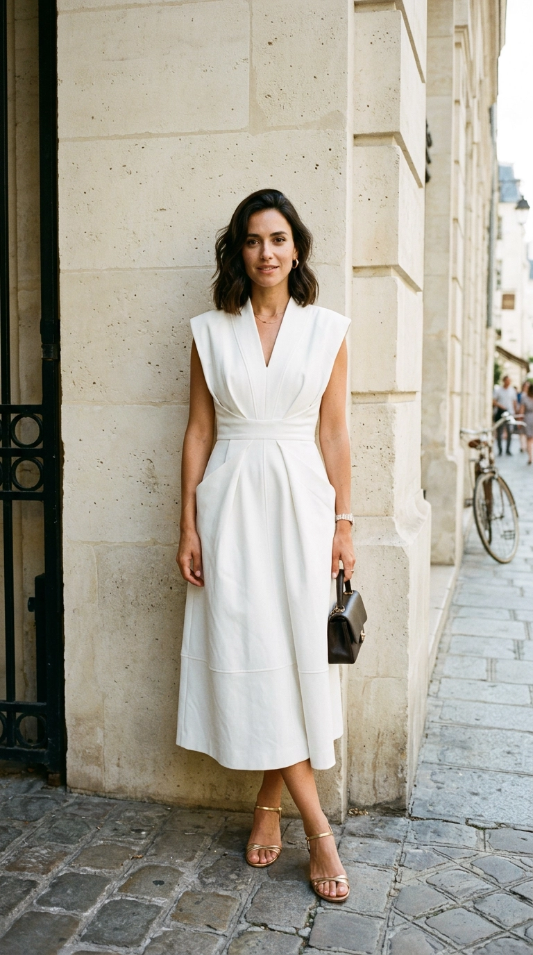 A chic woman wearing a structured, architectural white V-neck midi dress, standing against a minimalist limestone wall, photorealistic luxury editorial fashion street style, shot on 35mm lens, highly detailed, ultra-realistic, soft natural lighting, editorial aesthetic, no text, no mirror selfie --ar 9:16