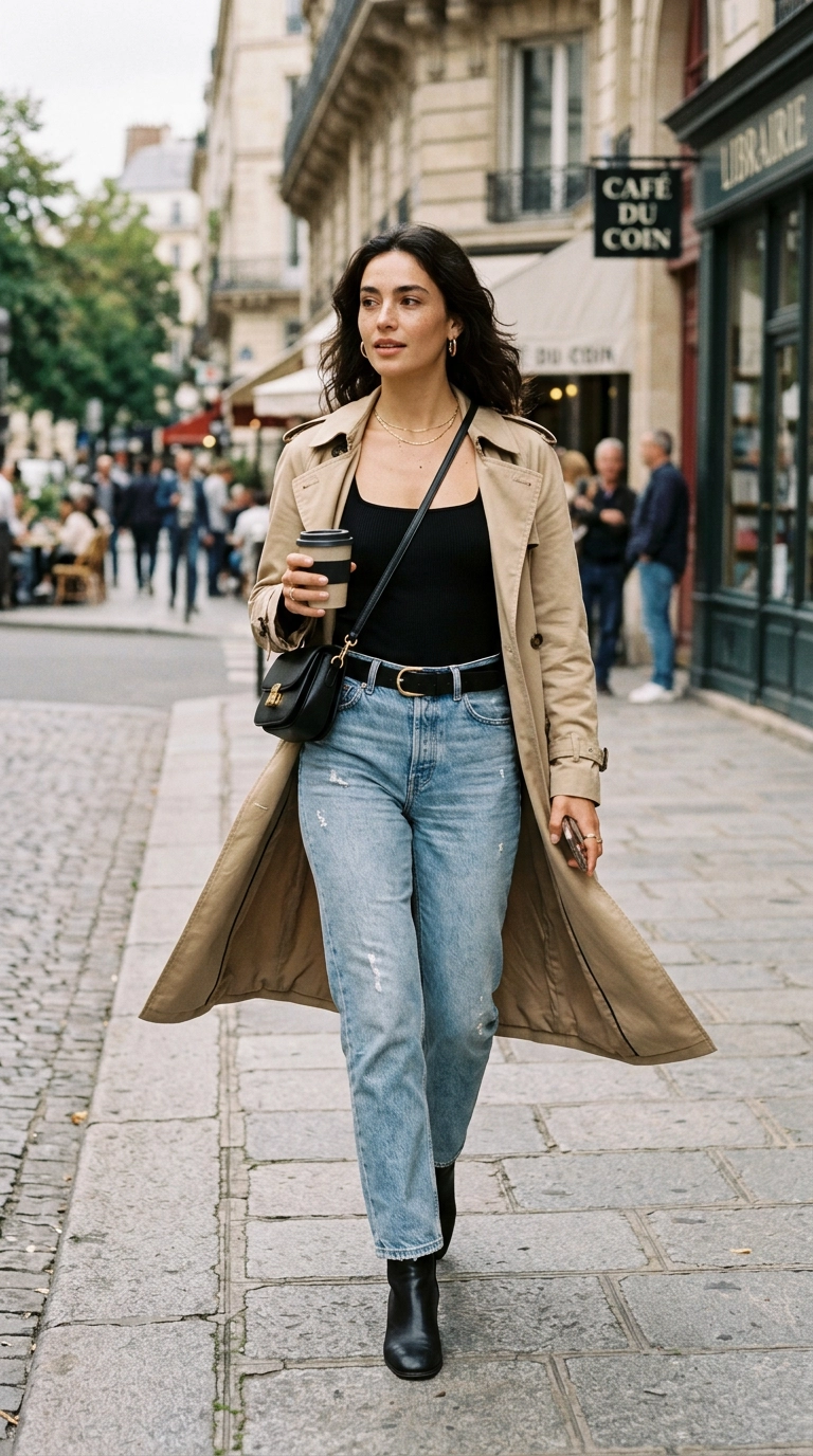 A woman in a fitted black square-neck bodysuit paired with a beige trench coat, walking in a city setting, photorealistic luxury editorial fashion street style, shot on 35mm lens, highly detailed, ultra-realistic, soft natural lighting, editorial aesthetic, no text, no mirror selfie --ar 9:16