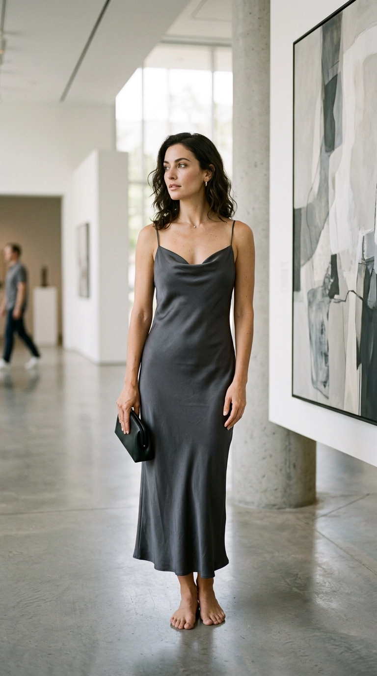 A woman in a minimalist charcoal grey silk dress with a subtle cowl neck, standing in a modern art gallery, photorealistic luxury editorial fashion street style, shot on 35mm lens, highly detailed, ultra-realistic, soft natural lighting, editorial aesthetic, no text, no mirror selfie --ar 9:16