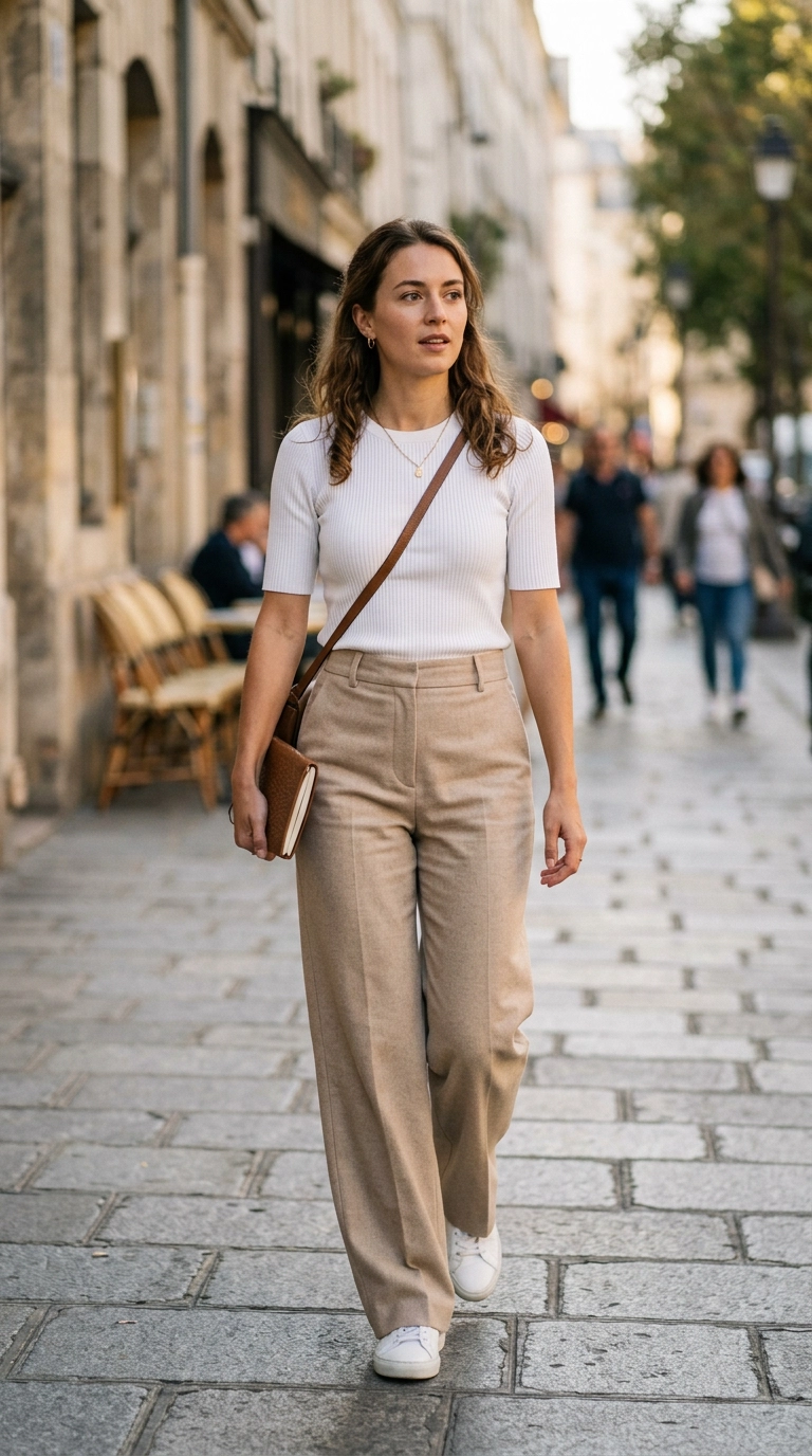 A woman wearing a white ribbed knit top with a medium crew neck, tucked into high-waisted wide-leg trousers, photorealistic luxury editorial fashion street style, shot on 35mm lens, highly detailed, ultra-realistic, soft natural lighting, editorial aesthetic, no text, no mirror selfie --ar 9:16